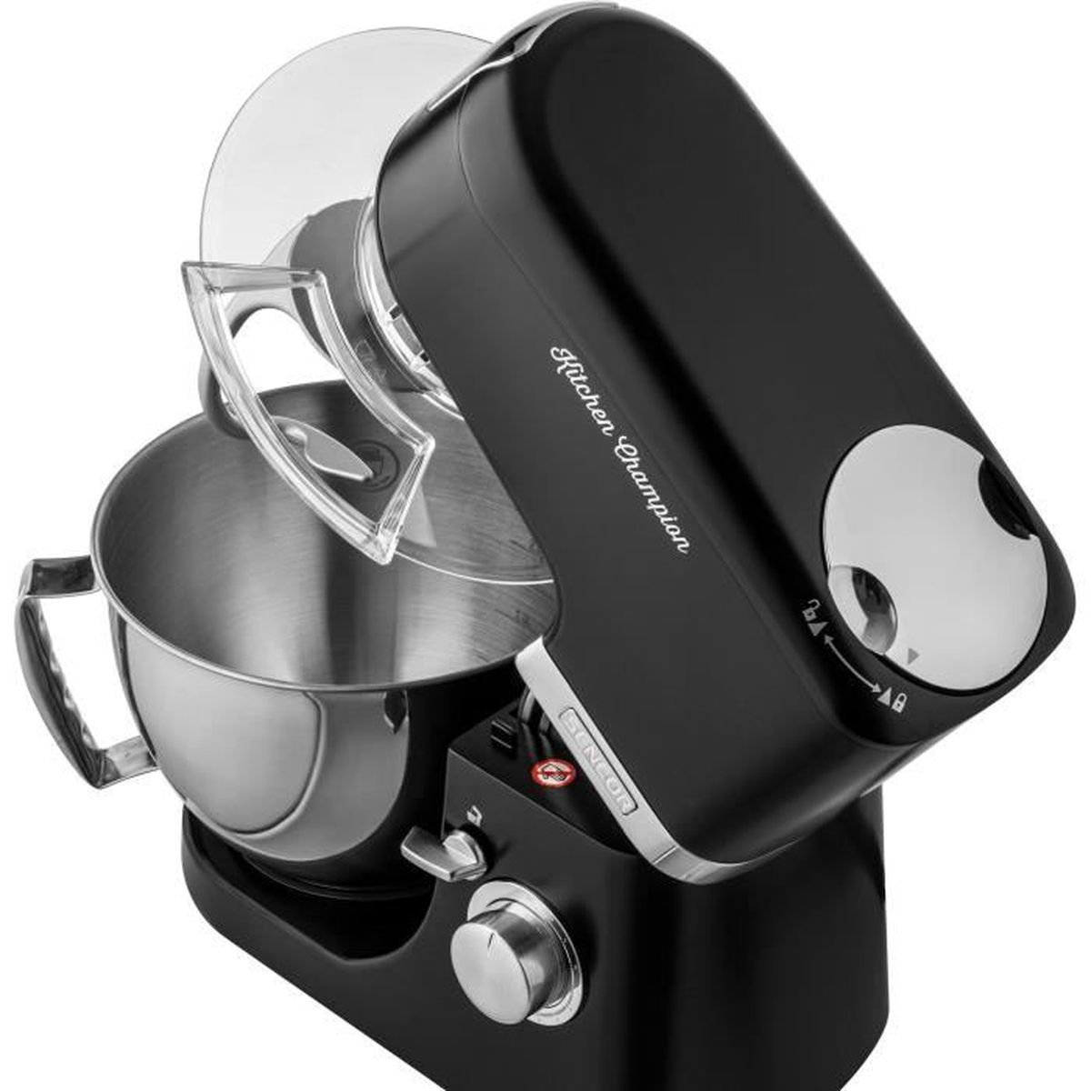 Un robot da cucina nero e argento con la scritta 'Kitchen Champion'. Ha una ciotola in acciaio inossidabile e una protezione trasparente dagli schizzi.