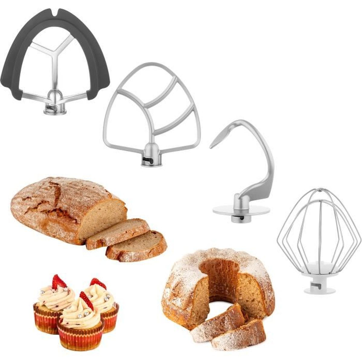 L'immagine mostra pane, torta, cupcake e accessori per mixer. Il pane è affettato. I cupcake hanno glassa e fragole. Torta cosparsa di zucchero.