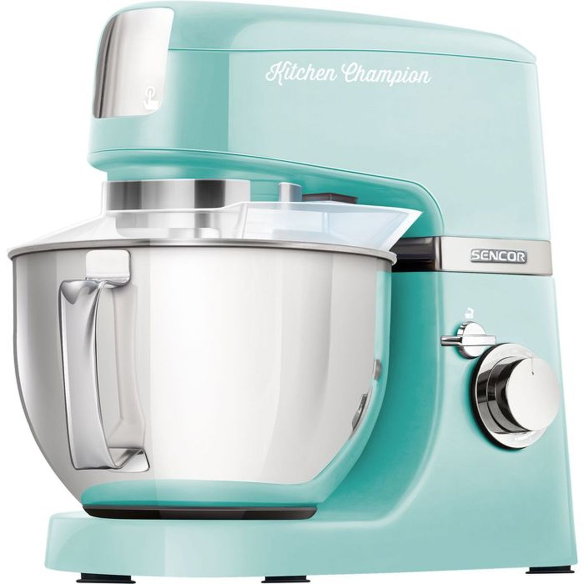 Un mixer da cucina Kitchen Champion turchese con una ciotola in acciaio inox. Ha una manopola di controllo della velocità.