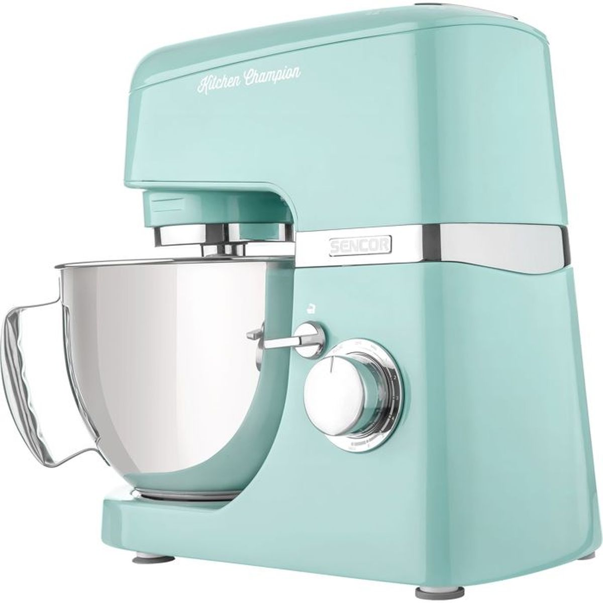 Un'impastatrice Kitchen Champion verde menta con una ciotola in acciaio inox. Ha un logo Sencor e dettagli cromati.