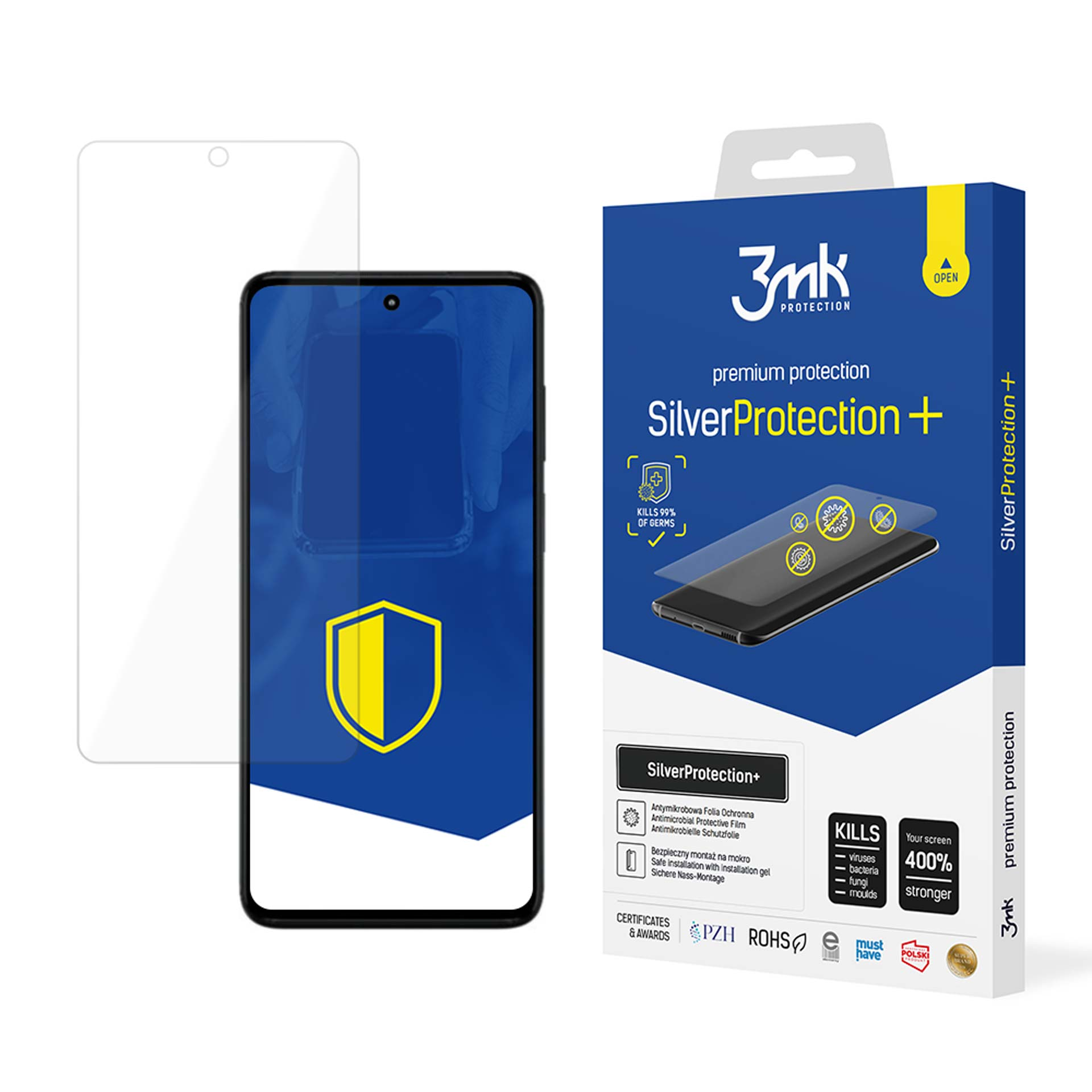 Un telefono e una protezione per lo schermo sono esposti con la confezione. La scatola mostra un'immagine del telefono e testo sulla protezione.