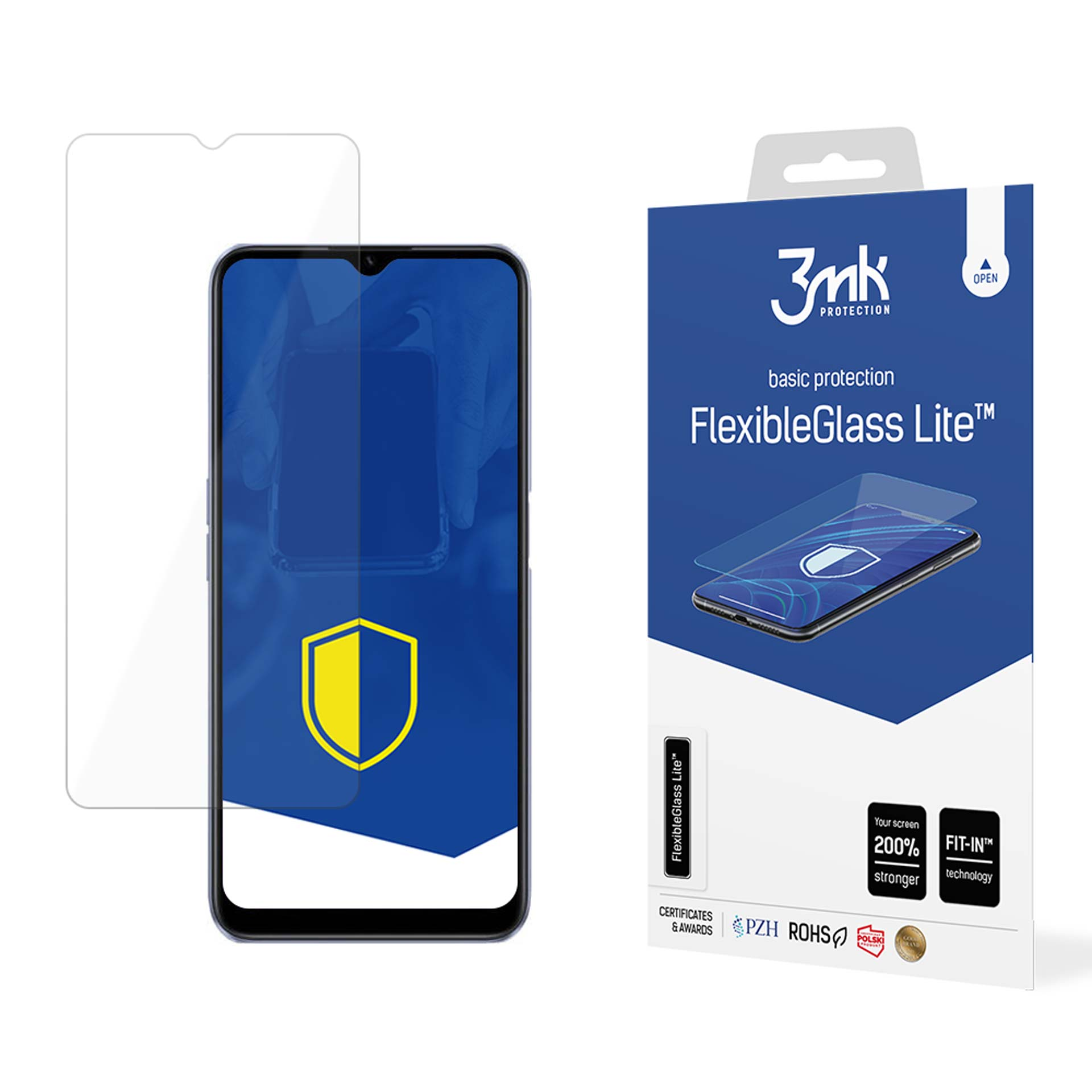 Un telefono con protezione schermo e una scatola blu. La scatola dice 'FlexibleGlass Lite'. Lo schermo del telefono ha un'icona a scudo.