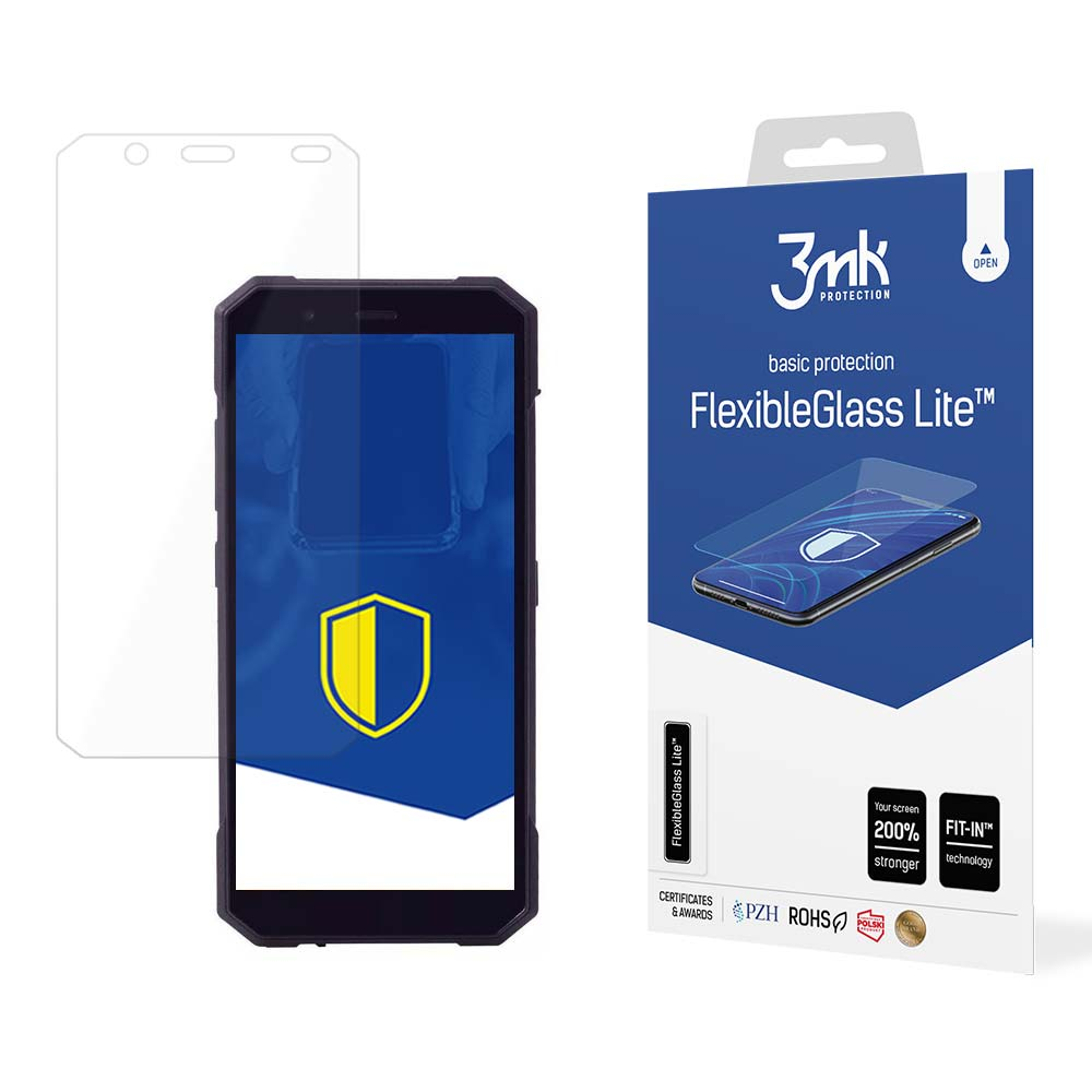 Vengono mostrati un telefono e una protezione per lo schermo. La scatola della protezione dice 'FlexibleGlass Lite'. Lo schermo mostra uno scudo.
