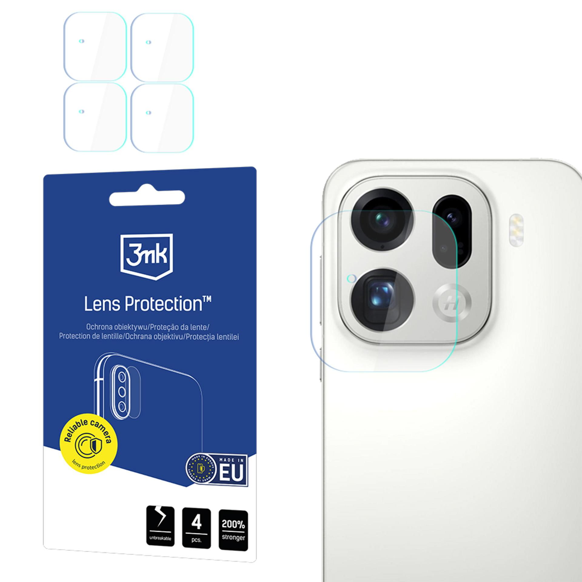 Obraz przedstawia osłony obiektywu, aparat telefoniczny i opakowanie produktu. Opakowanie zawiera tekst „Lens Protection” i „Made in EU”.