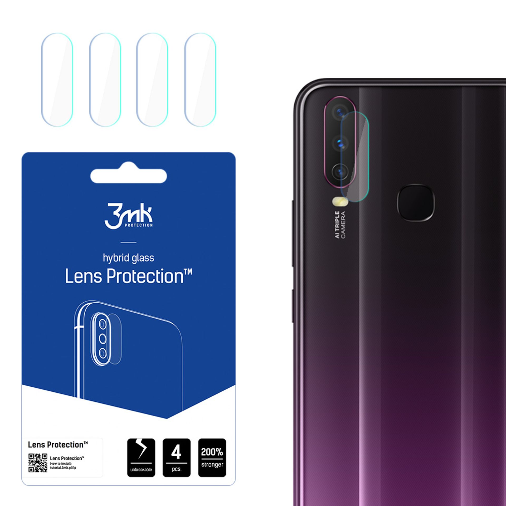 L'immagine mostra protezioni per lenti del telefono e un telefono. La confezione presenta testo e un contorno del telefono.