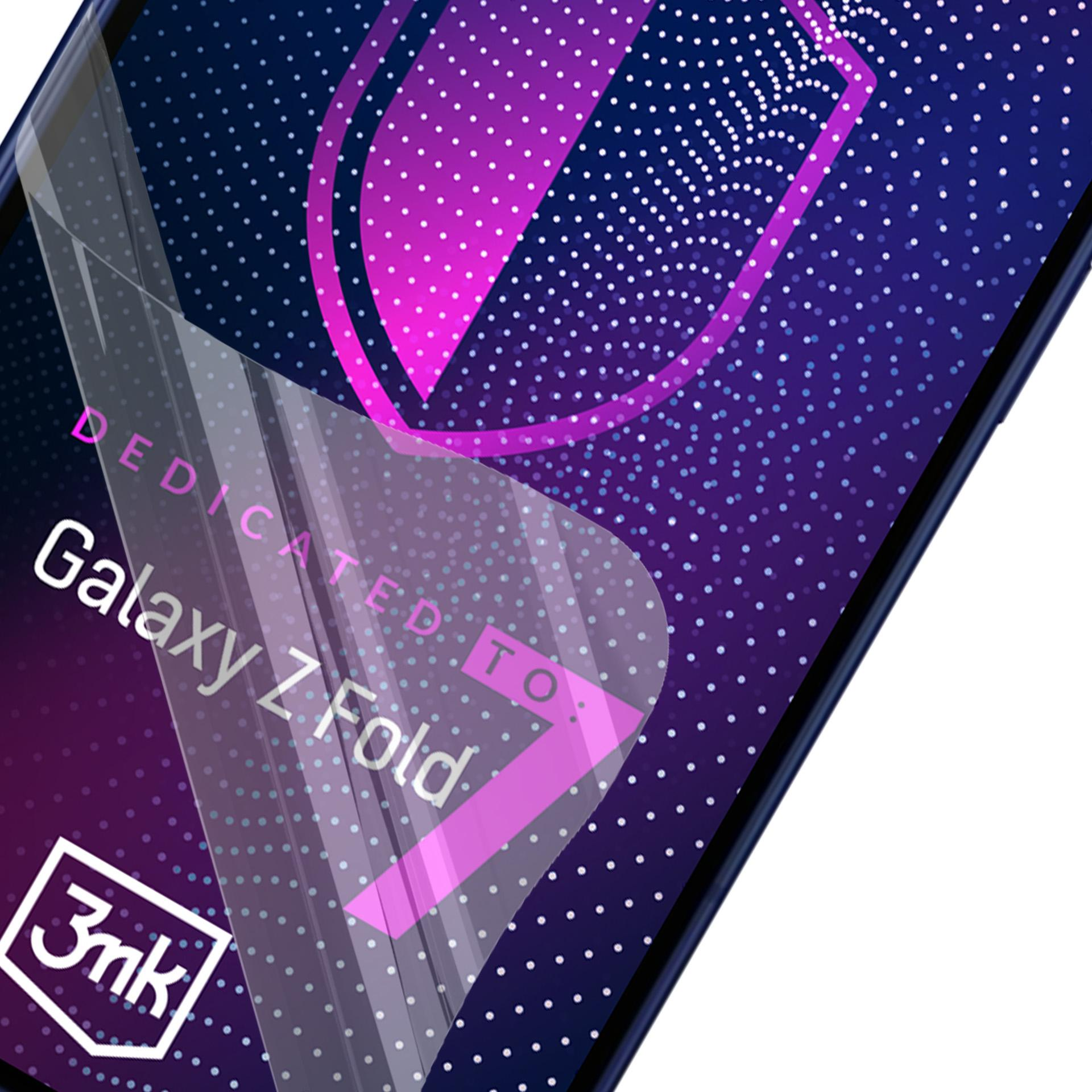 Pellicola protettiva con testo 'Dedicated to Galaxy Z Fold' e logo. Sfondo a pois viola e bianchi.