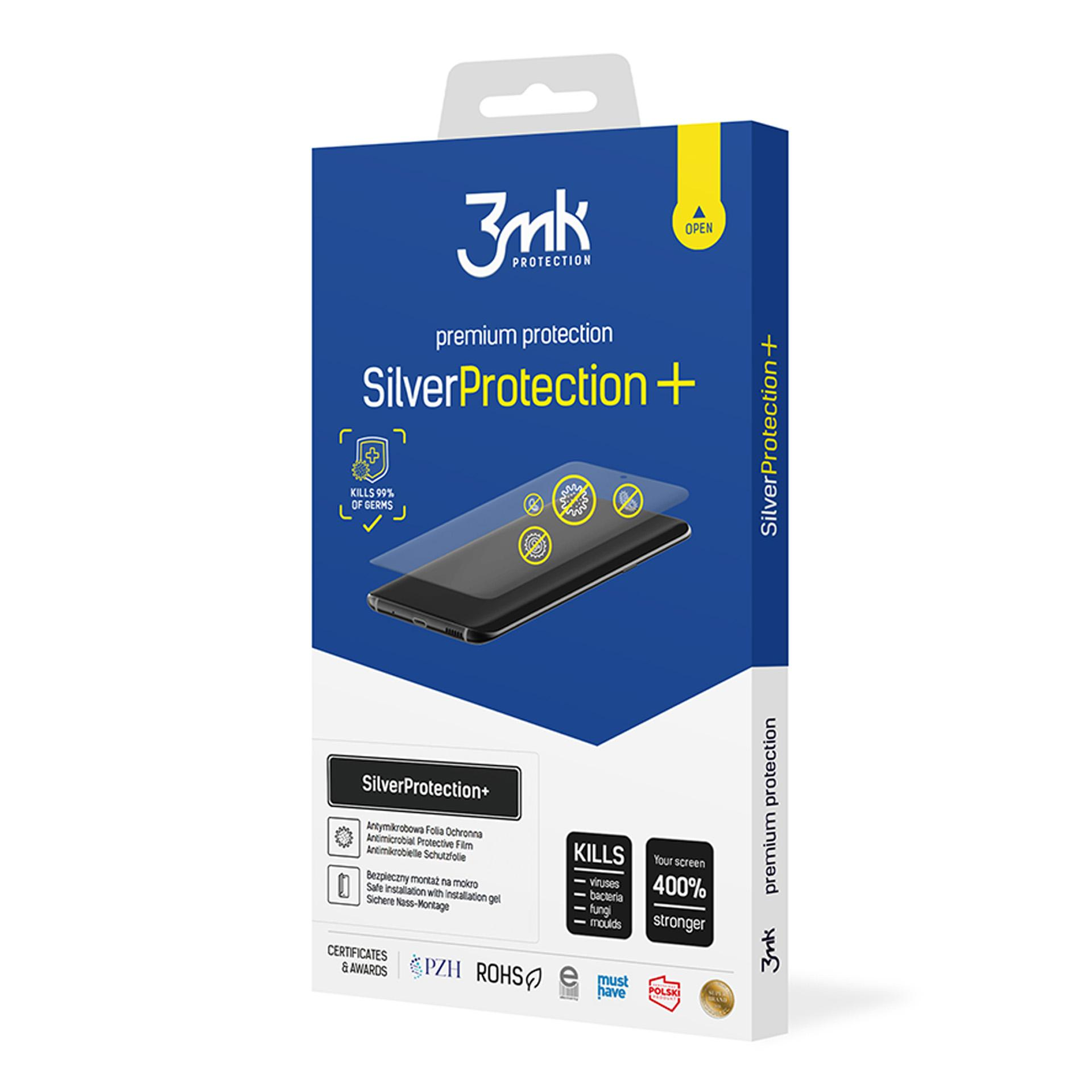 Scatola di protezione schermo SilverProtection+. Mostra telefono, pellicola protettiva e afferma 400% più resistente e uccide germi.