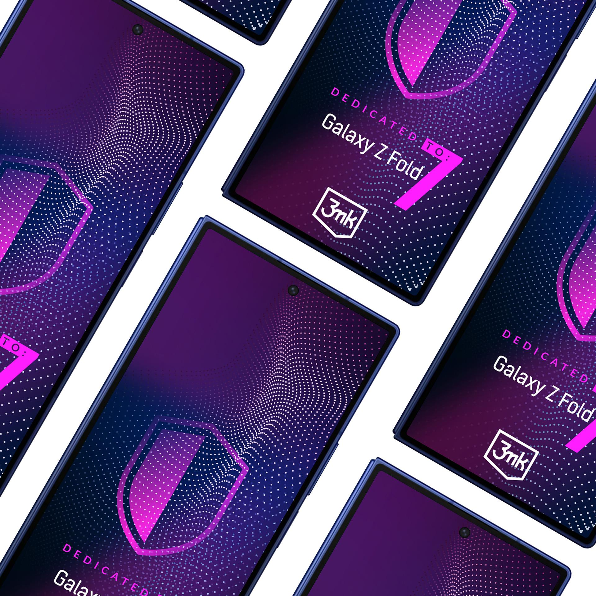 Vengono visualizzati più telefoni Galaxy Z Fold. Ogni schermo mostra un design a scudo e il testo 'Dedicated to Galaxy Z Fold'.