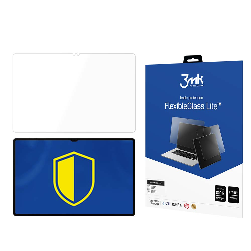 Una scatola di protezione dello schermo con una protezione dello schermo e un tablet che mostra uno scudo giallo su sfondo blu.