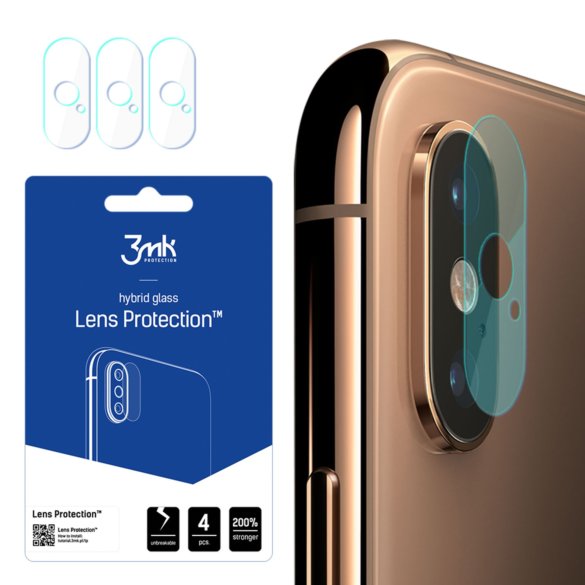 Un telefono e una confezione di protezioni per lo schermo sono mostrati. La confezione riporta la scritta Lens Protection.