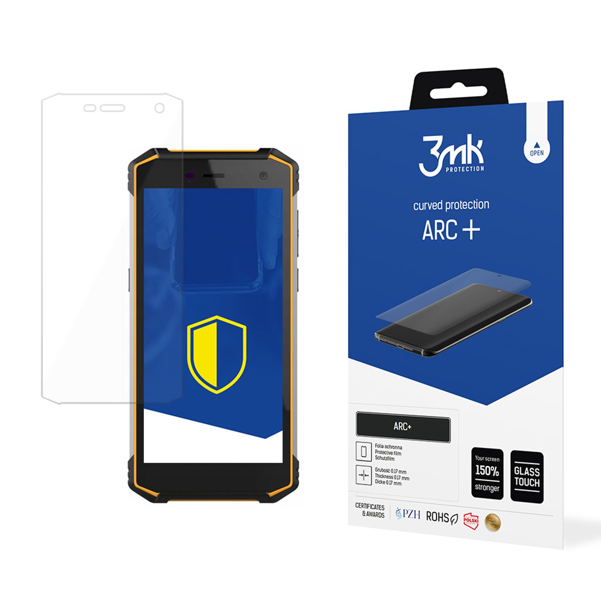 Un telefono e una confezione di protezione per lo schermo. Il telefono è nero e giallo con schermo blu. La scatola è blu e bianca.