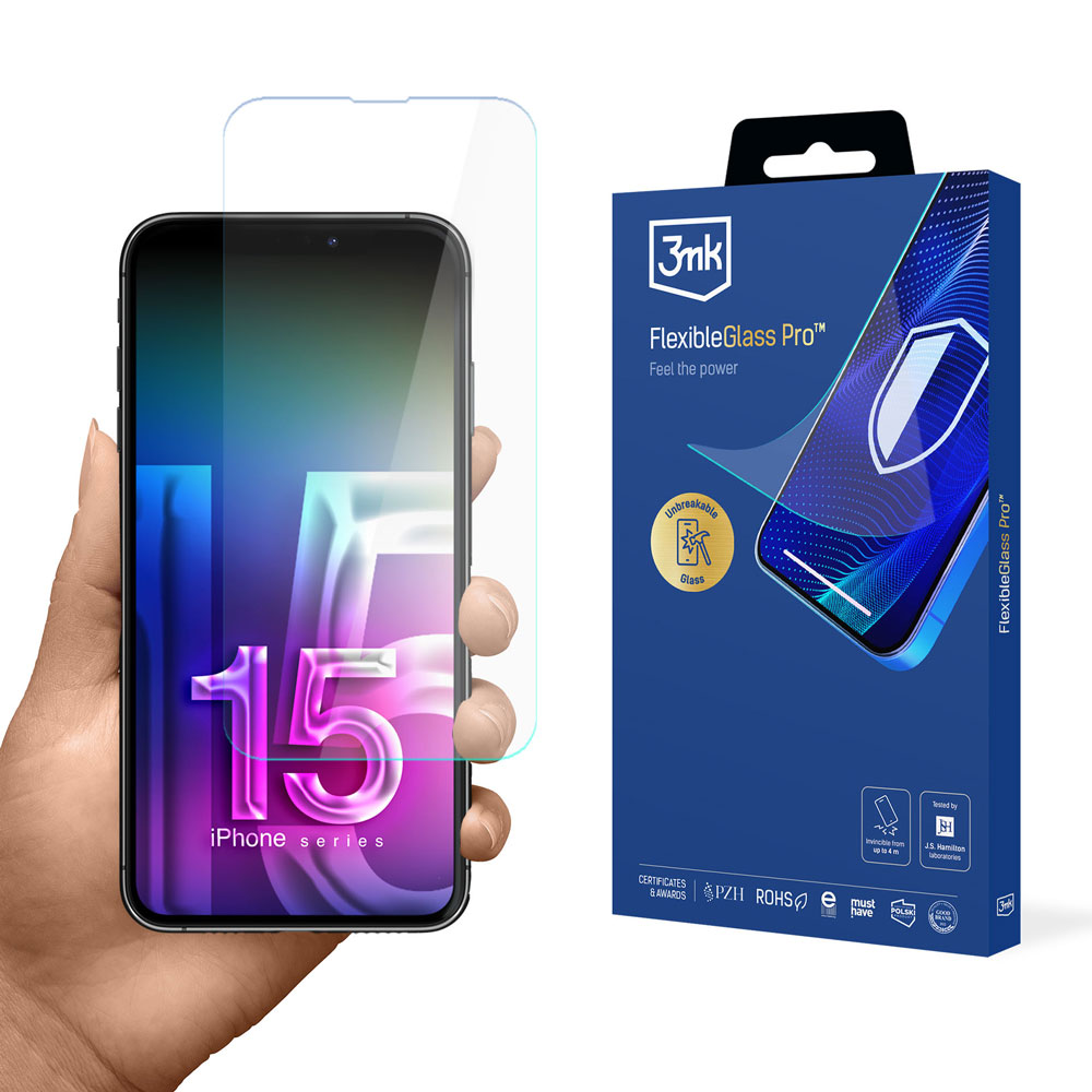 Una mano tiene un telefono con protezione schermo. A destra c'è una scatola blu con testo e grafica. Il telefono dice iPhone serie 15.