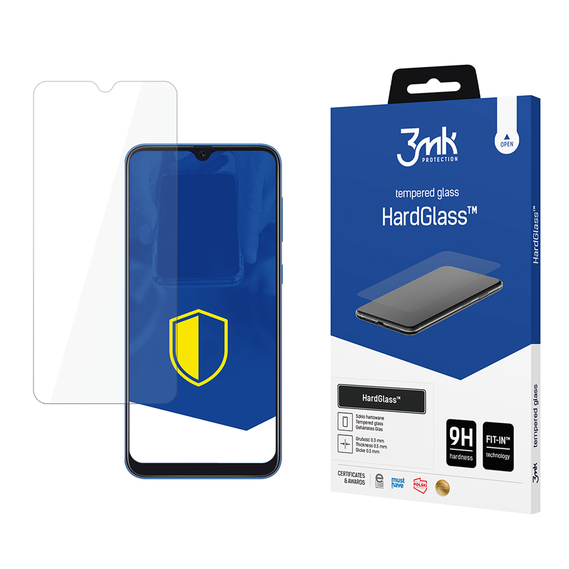Proteggi schermo in vetro temperato per smartphone, con scatola blu e illustrazione del telefono.