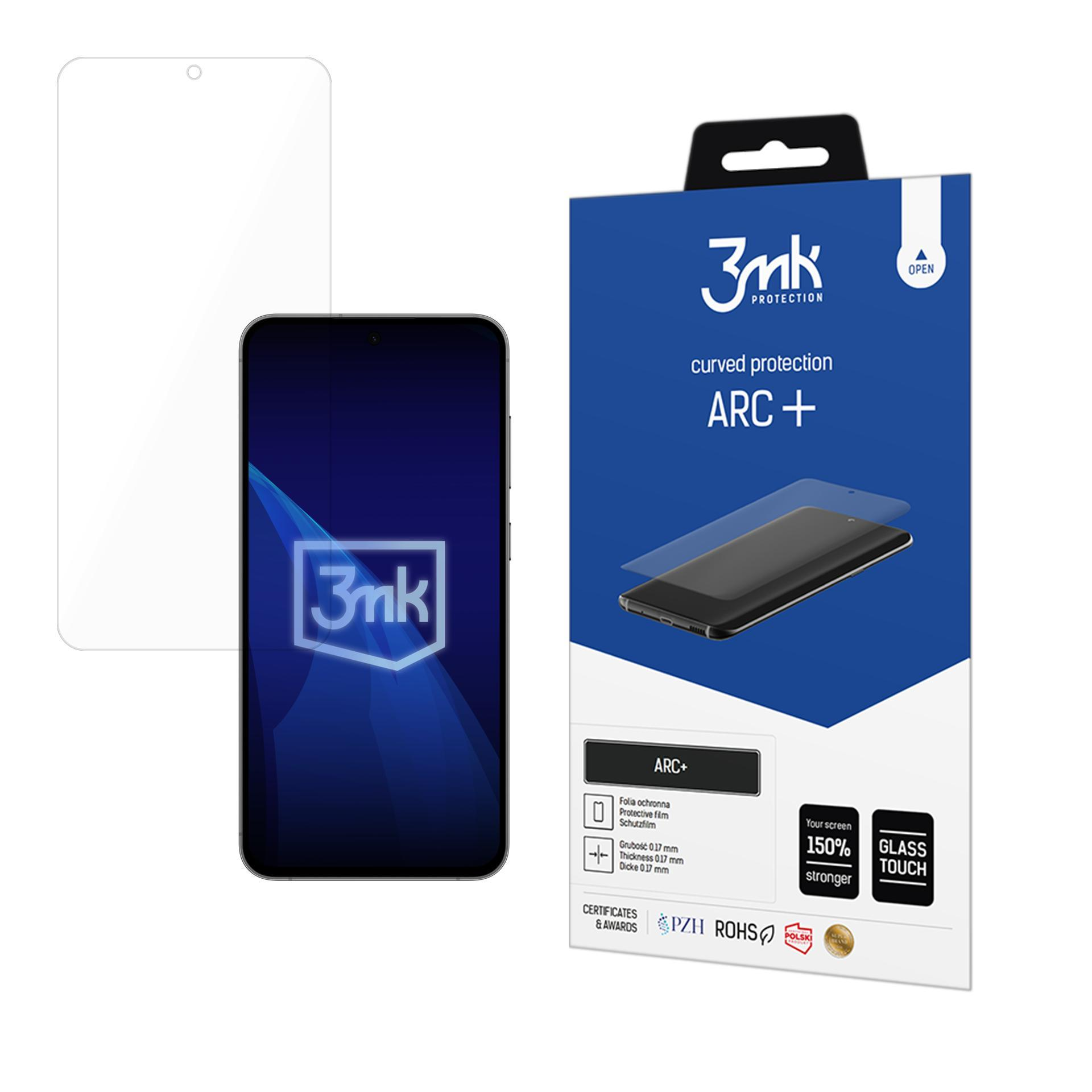 Un proteggi schermo e un telefono sono mostrati con la confezione. Sulla confezione c'è scritto 'ARC+' e '3mk'.