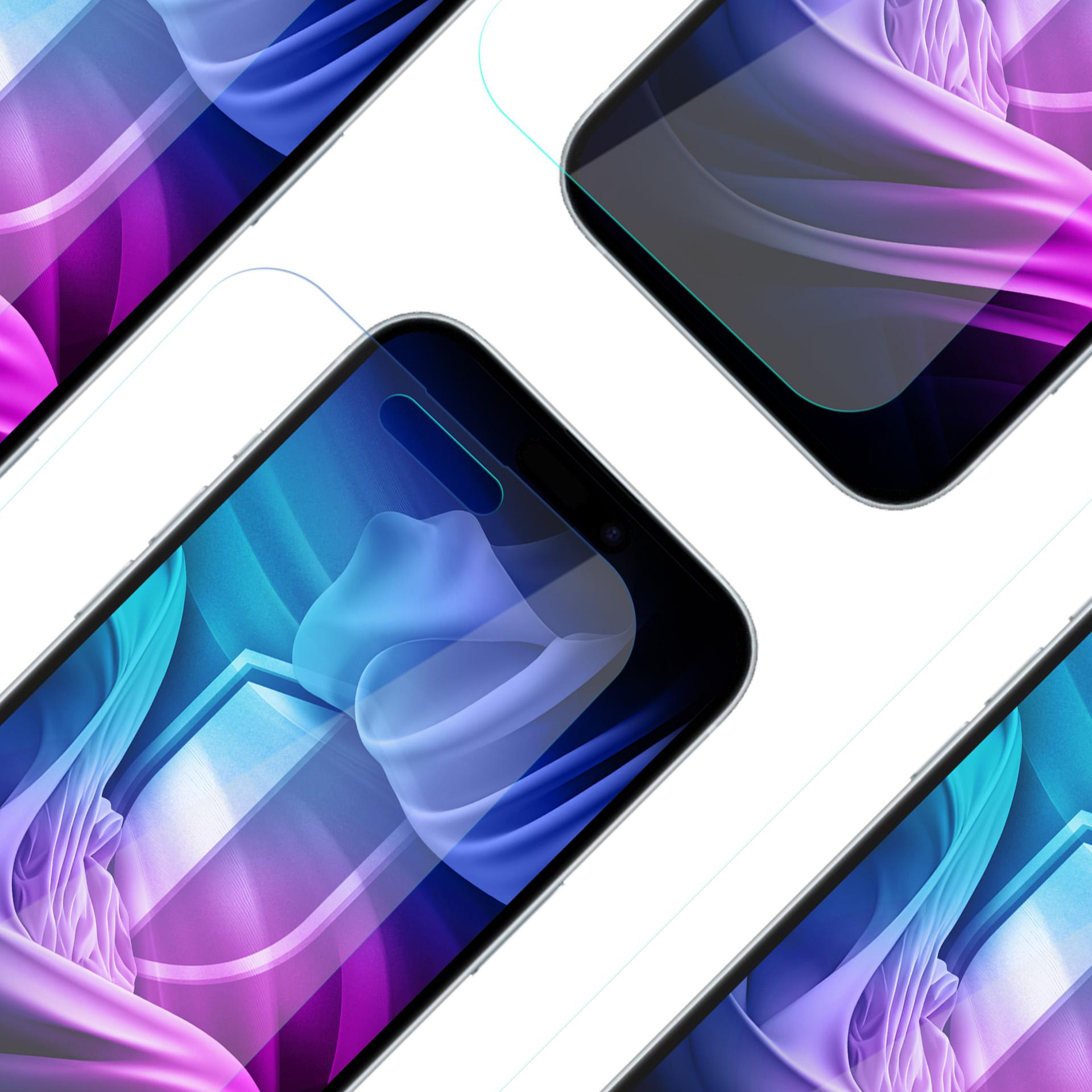 Primo piano di diversi smartphone con protezioni schermo. Gli schermi mostrano un design astratto colorato su sfondo bianco.