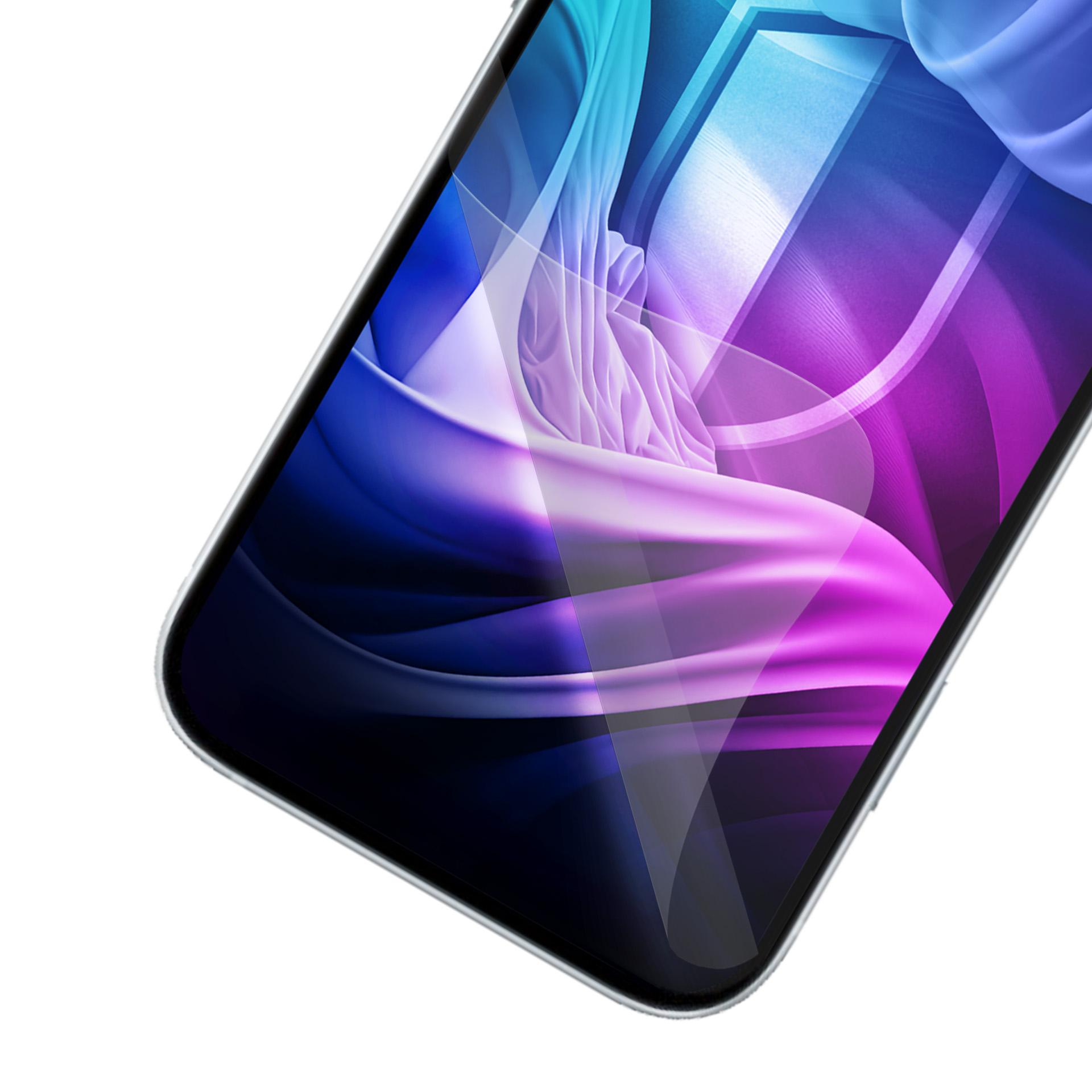 Vista angolata di uno smartphone, il display mostra un design astratto sfumato blu, viola e bianco su sfondo bianco.