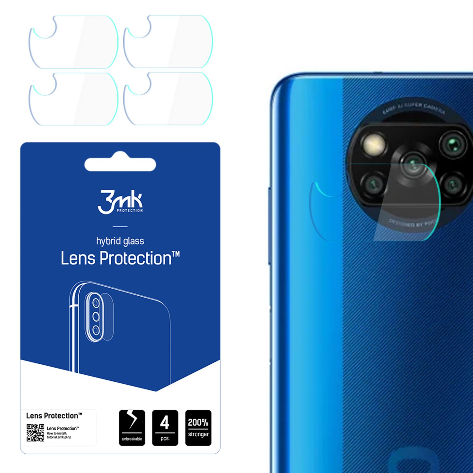 Un telefono e protezioni per lo schermo sono mostrati. Il telefono è blu e le protezioni sono trasparenti. La confezione è blu.