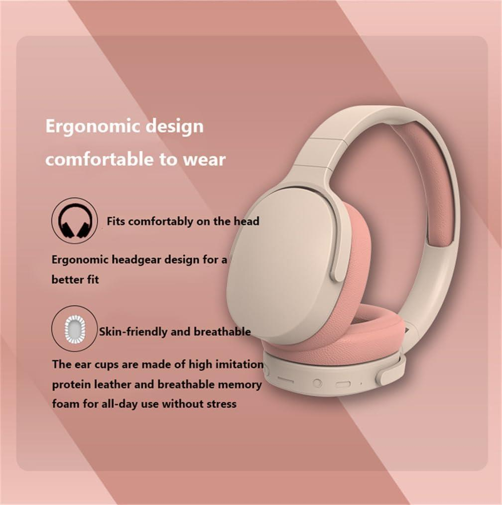 Pembe bir arka plan üzerinde beyaz ve pembe bir kulaklık. Metin, ergonomik tasarım, konfor ve cilt dostu malzemelerden bahseder.