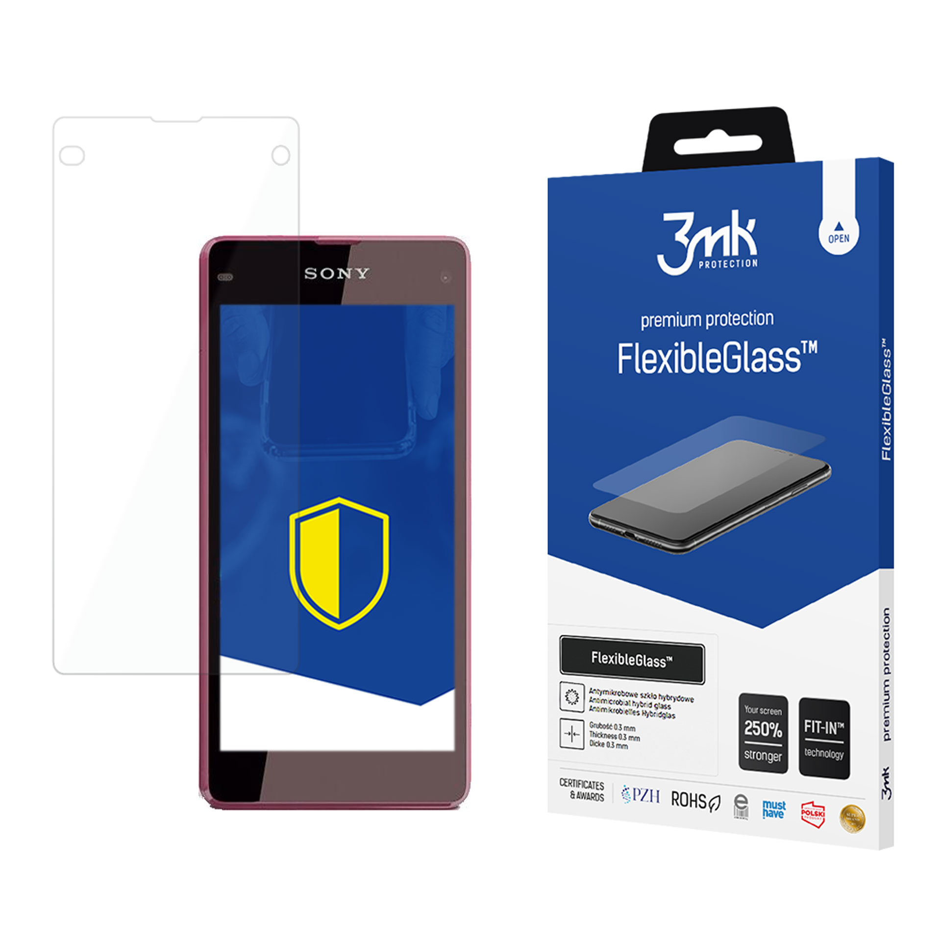 Un telefono e una protezione per lo schermo sono esposti con il marchio. Il telefono è rosa con un logo a scudo giallo sullo schermo.