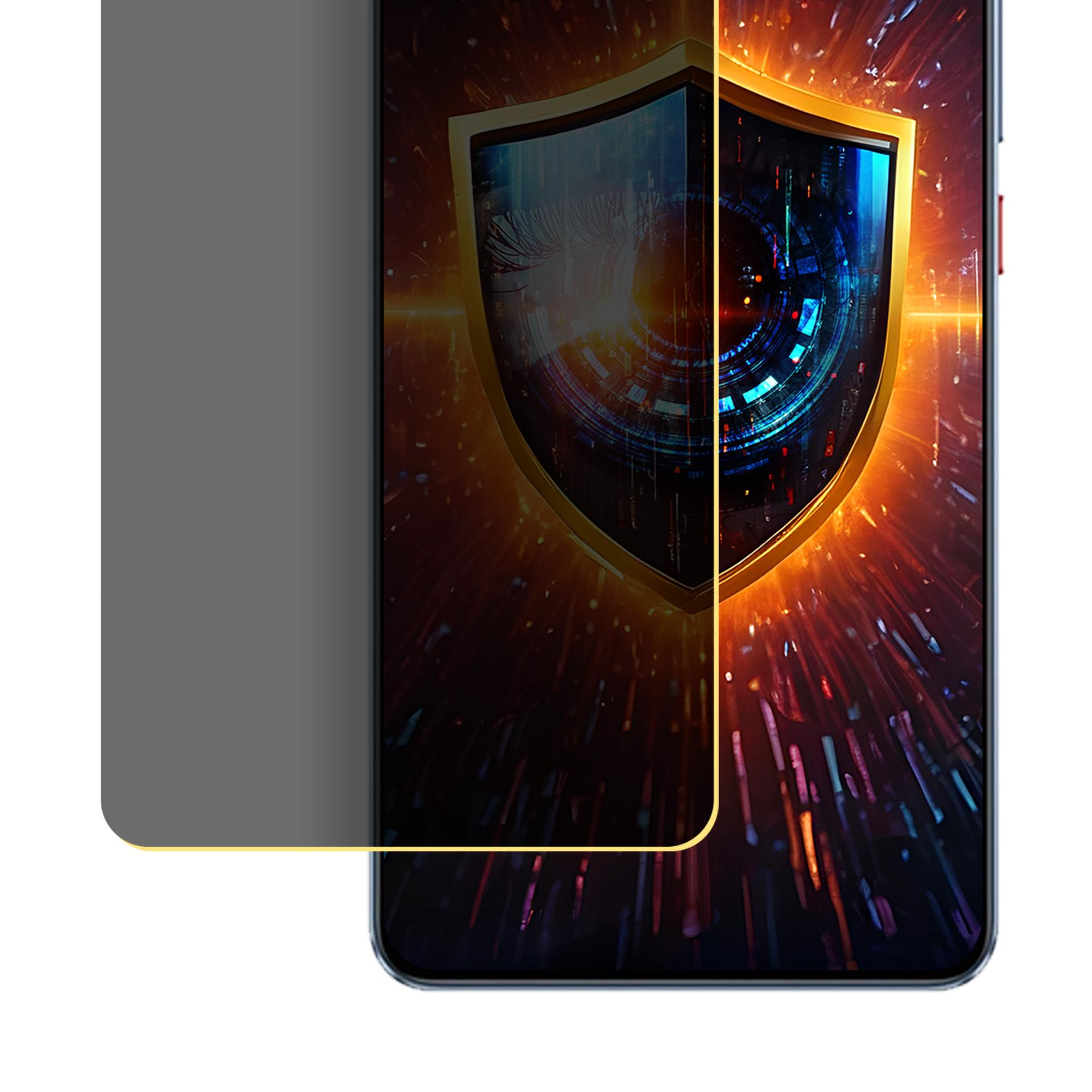 Schermo dello smartphone con grafica a scudo. Sul telefono è posizionato uno schermo per la privacy.