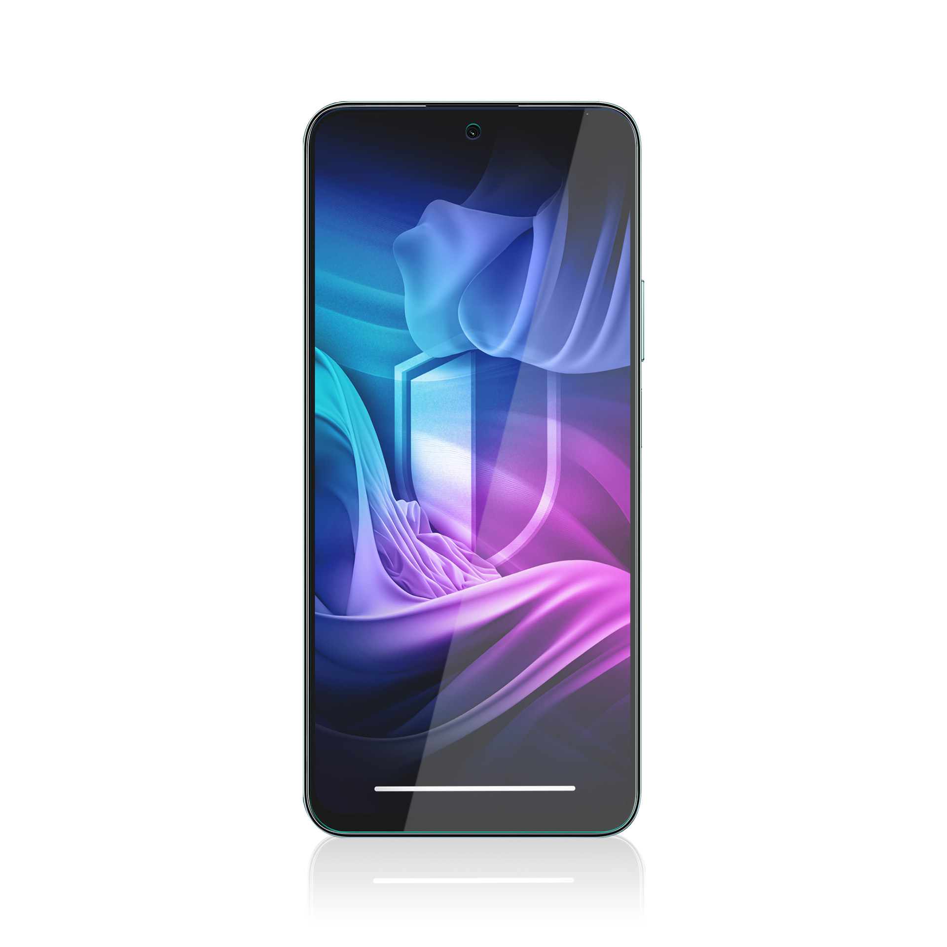 Smartphone con sfondo astratto colorato, icona scudo e riflesso bianco su superficie bianca.