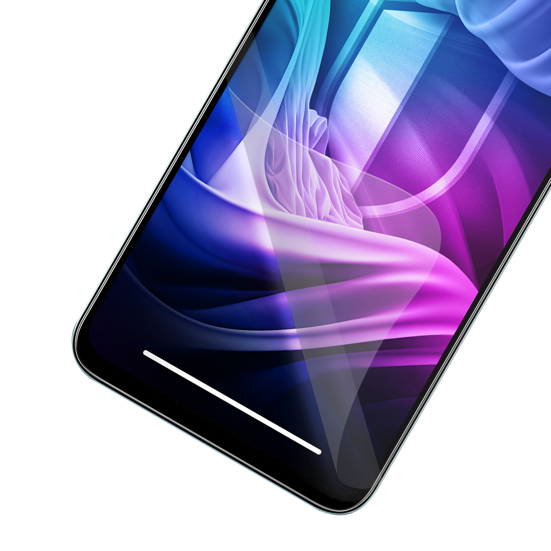 Schermo di smartphone con design astratto blu, viola e bianco. Il telefono è nero con sfondo bianco.