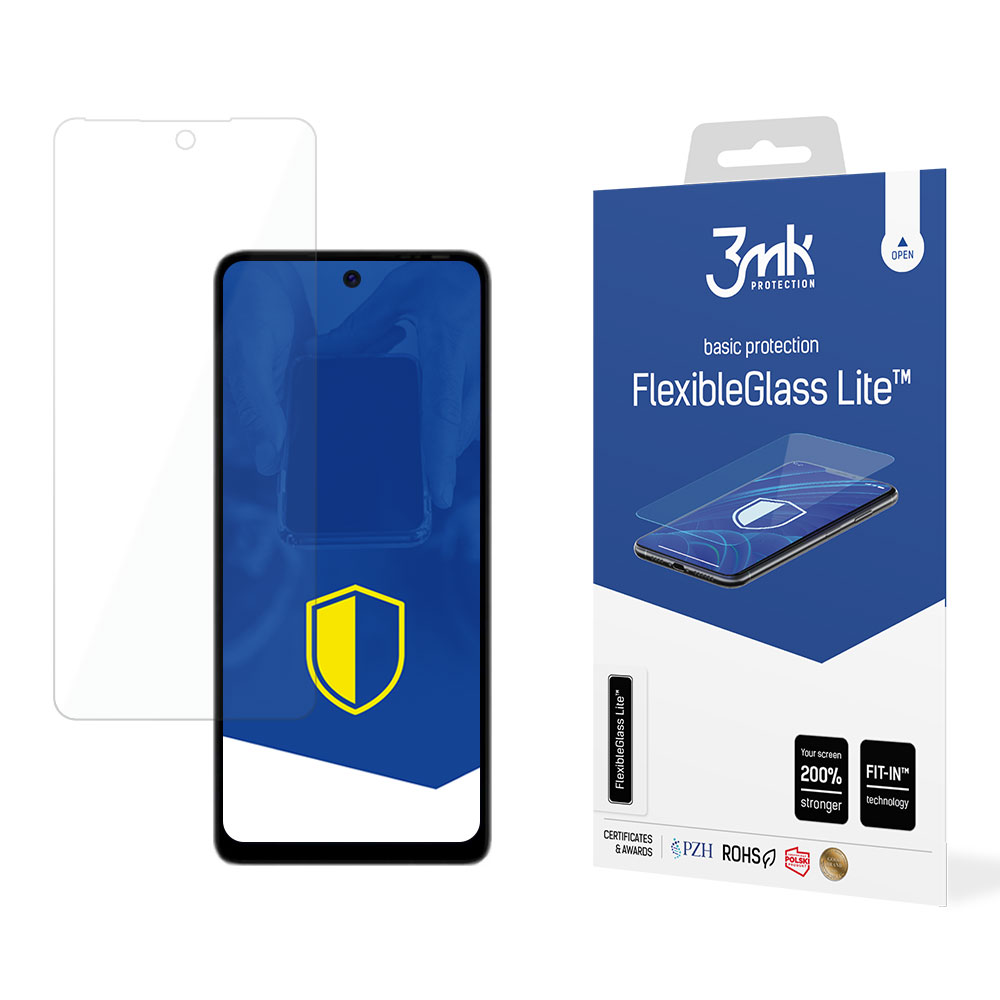 Un proteggi schermo e un telefono sono in mostra. Una confezione a destra mostra il nome del prodotto e il logo.