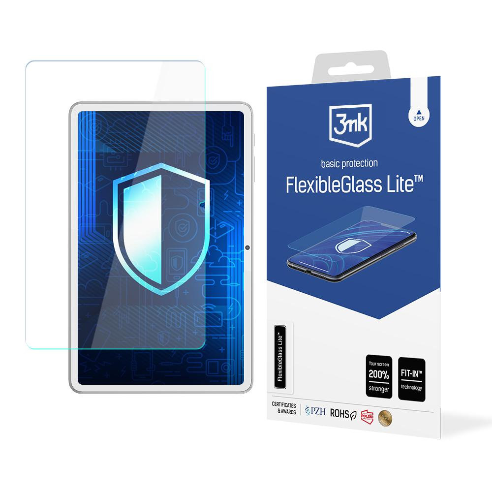 Un tablet con protezione schermo accanto alla scatola. La scatola pubblicizza la protezione schermo FlexibleGlass Lite.