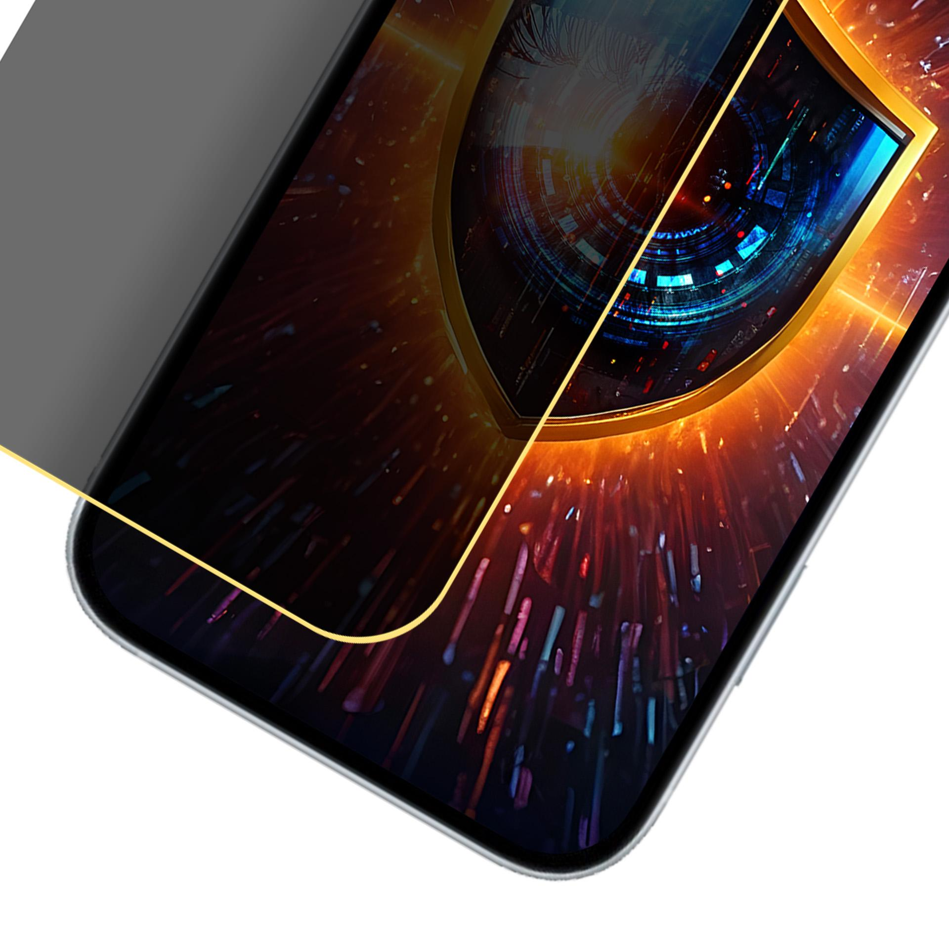 Un telefono con una protezione per lo schermo che mostra un occhio digitale e uno sfondo astratto e infuocato.