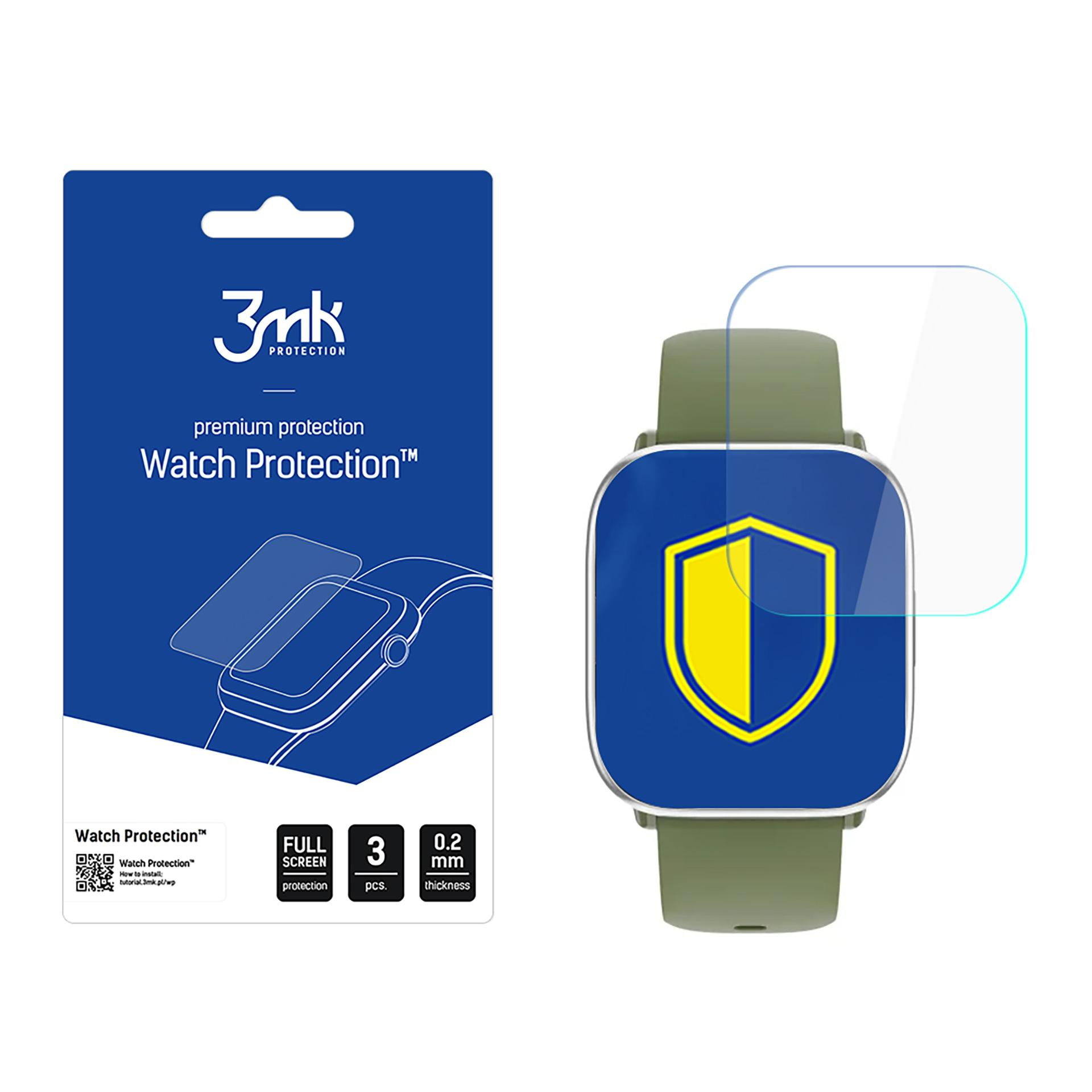 Una protezione per lo schermo dell'orologio. La confezione è blu con un design di orologio e scudo. Un orologio è mostrato a destra.