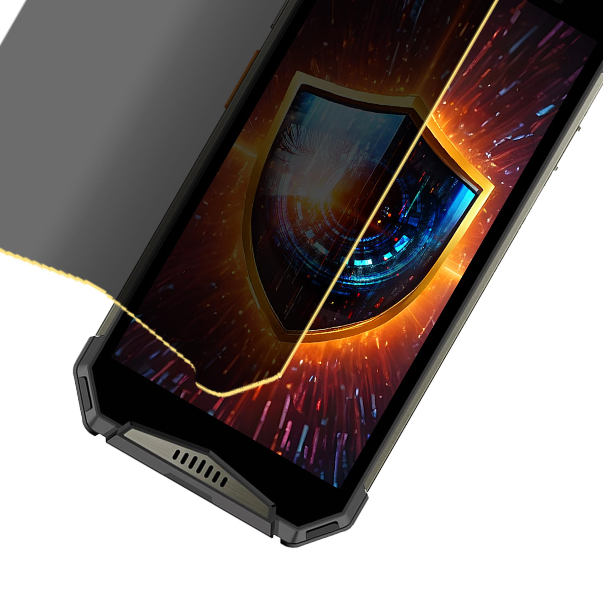 Un tablet robusto con protezione schermo. Lo schermo mostra un design a scudo con sfondo futuristico.