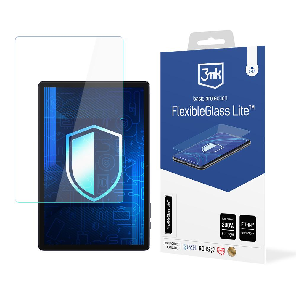 Un tablet con protezione schermo e la sua confezione. Sulla confezione c'è scritto 'FlexibleGlass Lite' e il marchio '3nk'.