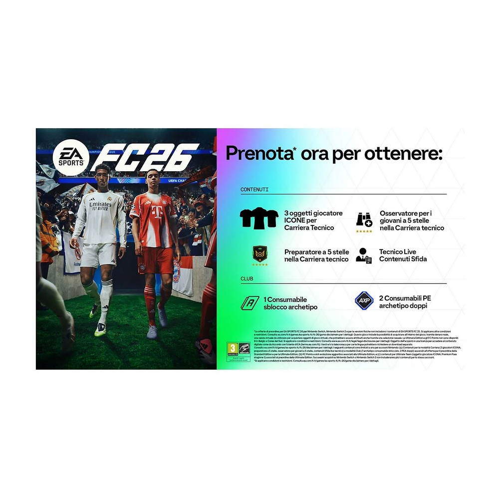 Obraz przedstawia reklamę gry w piłkę nożną. Dwóch graczy w koszulkach stoi na boisku. Tekst brzmi 'FC26' i 'Prenota ora'.
