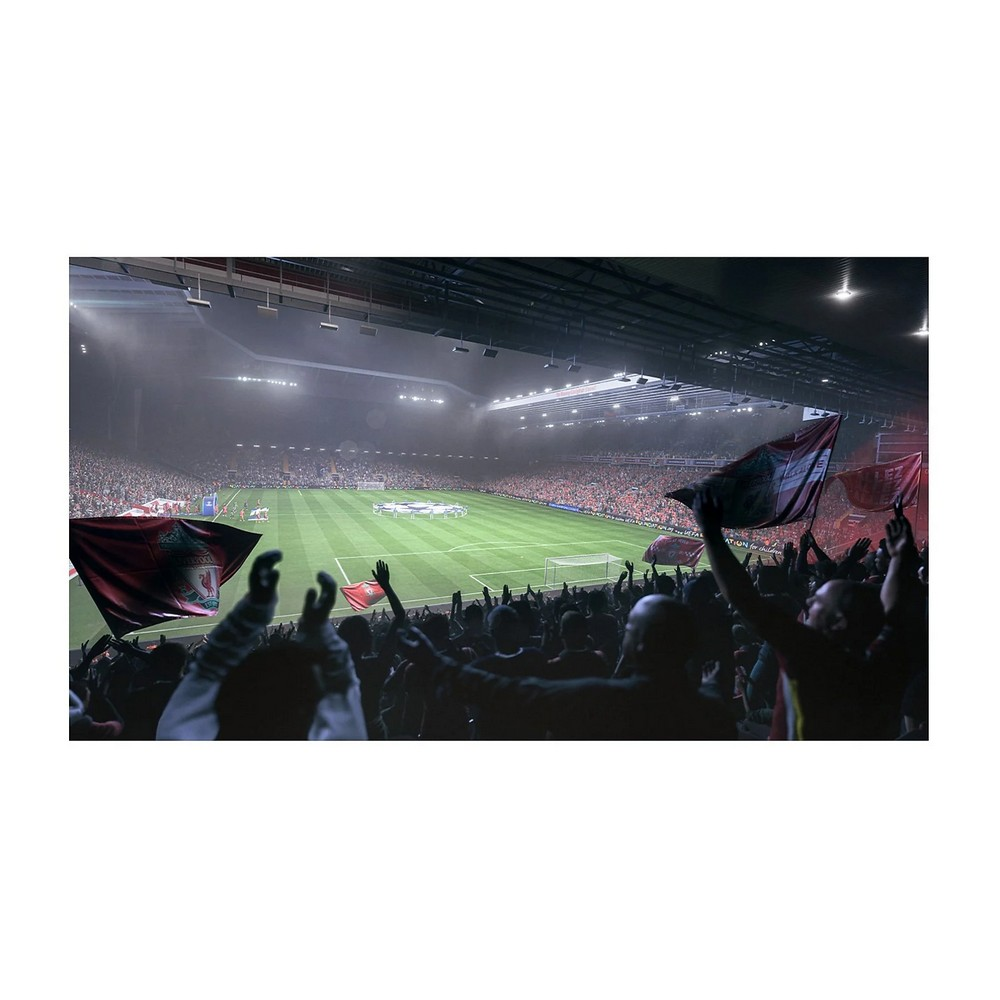 Stadion pełen wiwatujących fanów. Flagi powiewają. Boisko do piłki nożnej znajduje się pośrodku, światła świecą na nim.