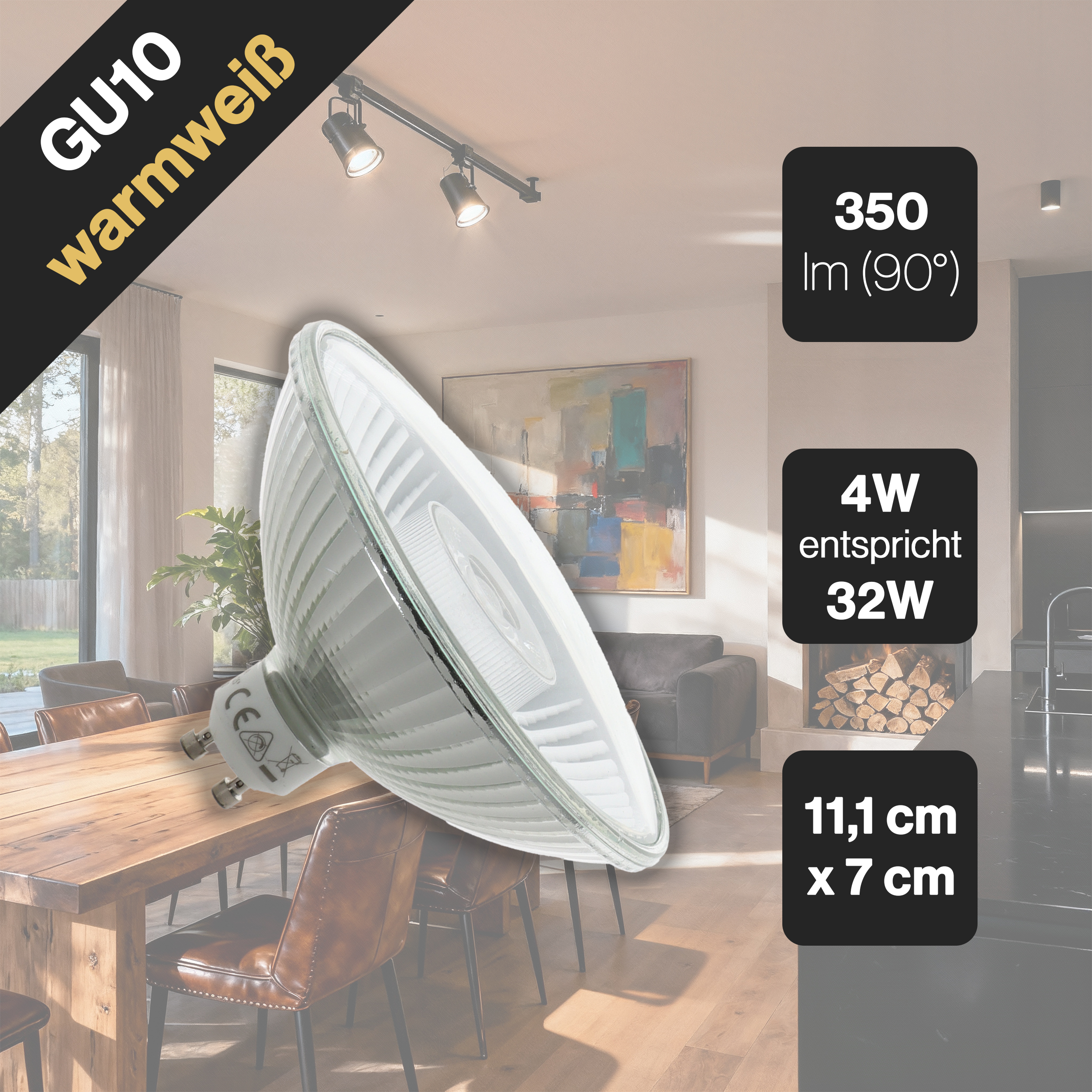 Eine GU10 warmweiße Glühbirne wird gezeigt, die ihre Eigenschaften und Abmessungen zeigt. Der Hintergrund zeigt ein modernes Interieur.