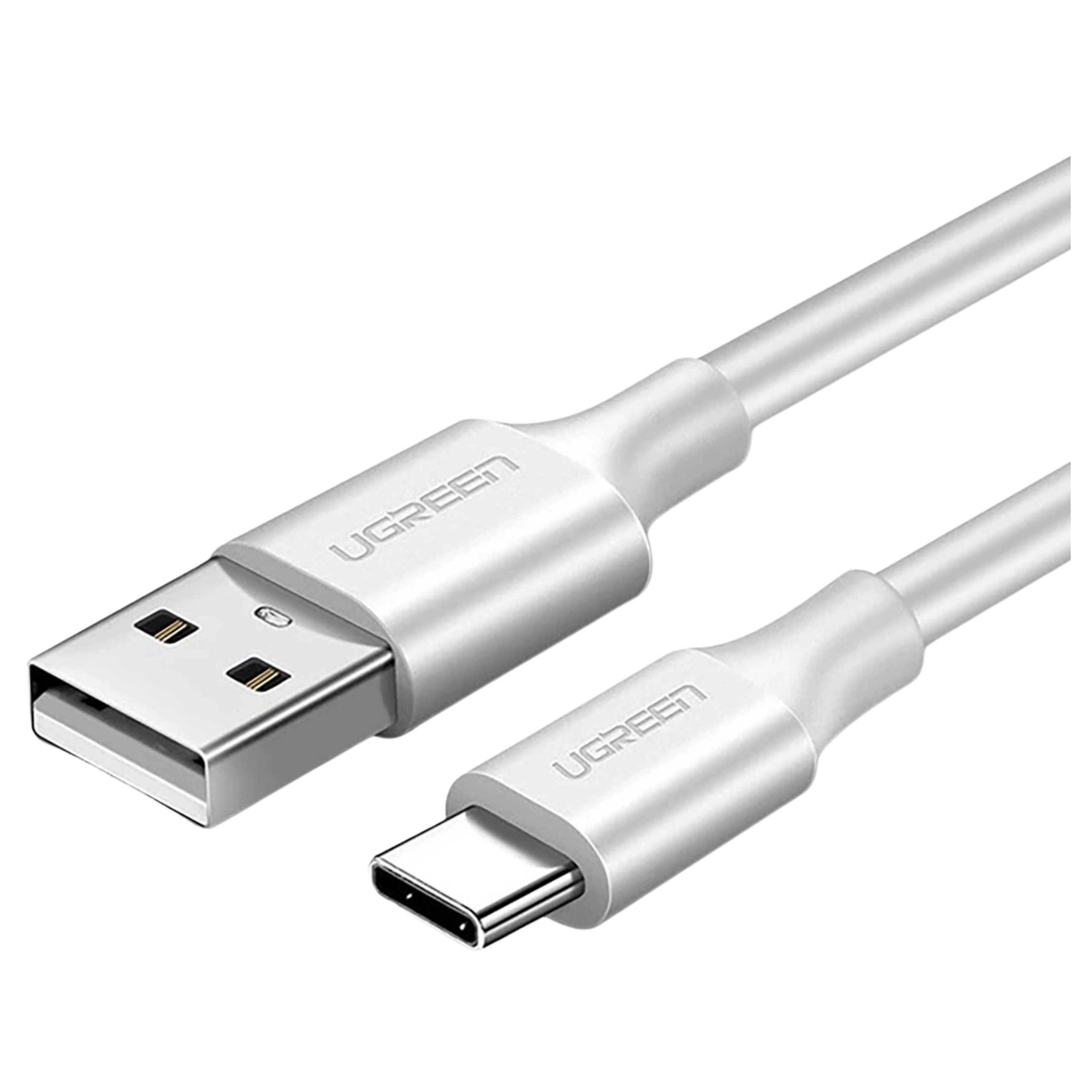 Biały kabel USB-C do USB-A. Jeden koniec to USB-A, drugi to USB-C. Marka to UGREEN.