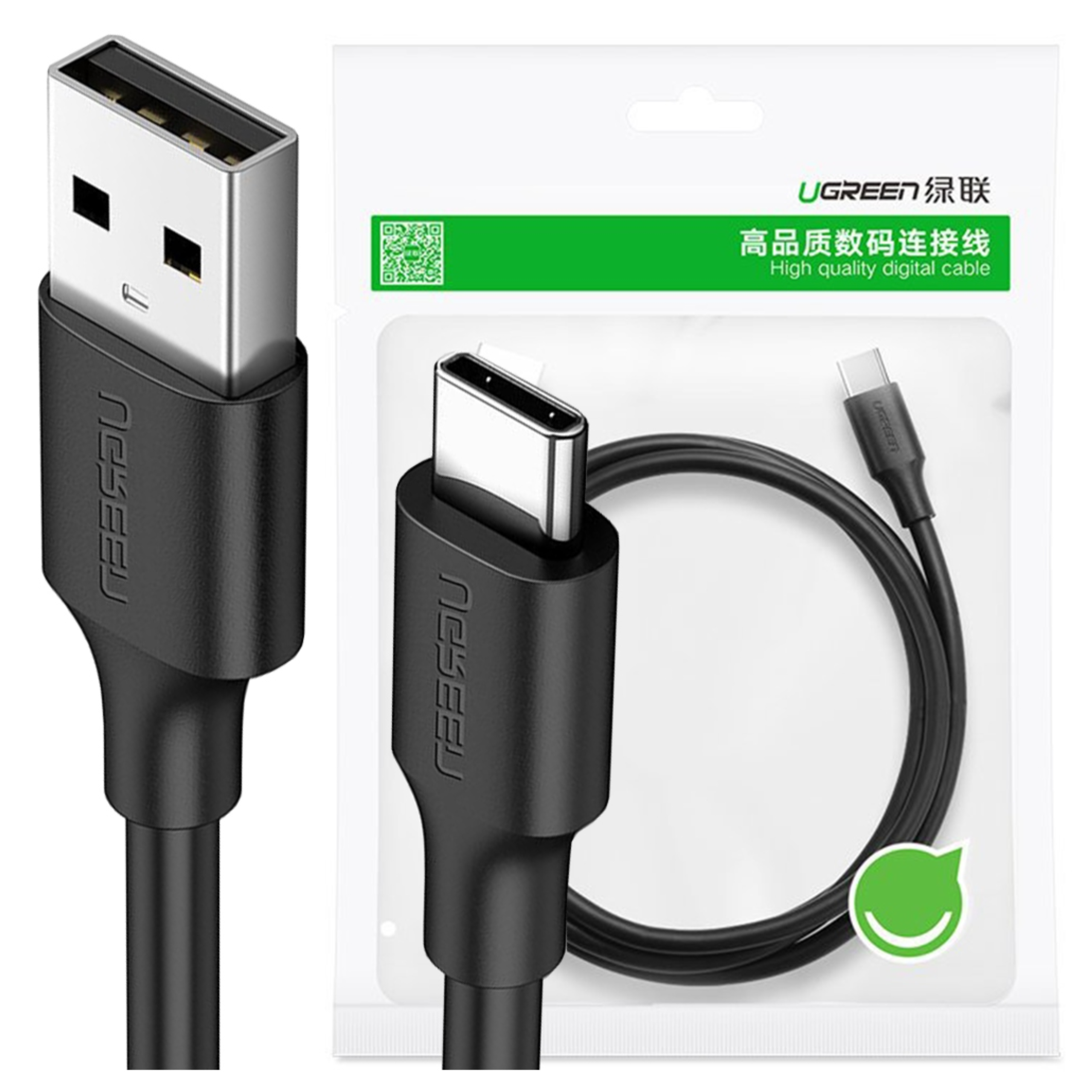 USB-kabel met USB-A- en USB-C-connectoren, zwarte kabel, witte verpakking met groene tekst.