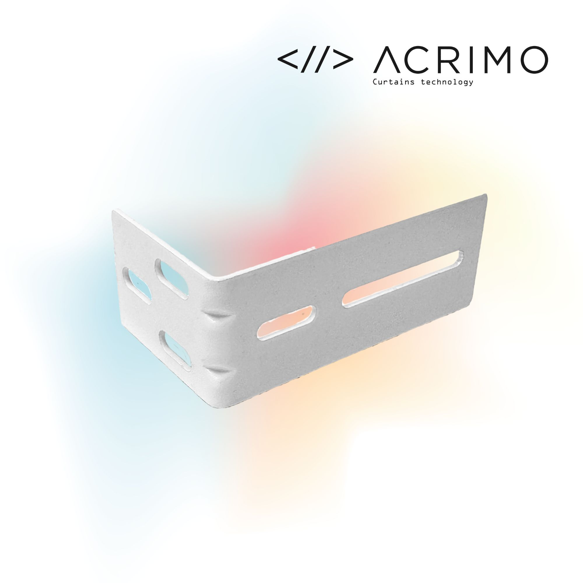 Eine weiße Metallhalterung mit Schlitzen, in einem Winkel positioniert. Der Hintergrund ist ein Farbverlauf mit dem Logo von ACRIMO.