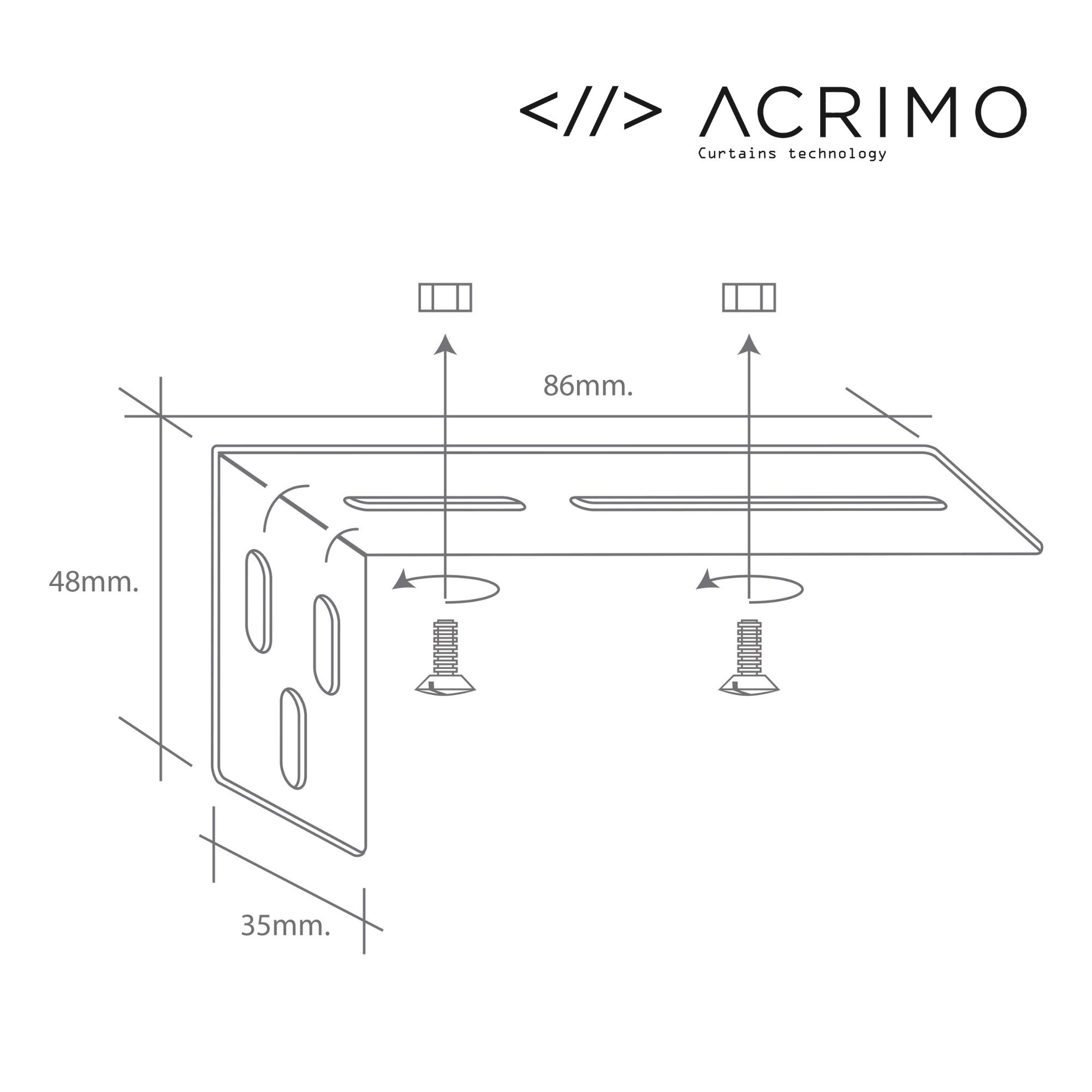 Diagramm einer Gardinenhalterung. Maße sind 86 mm, 48 mm und 35 mm. Schrauben und Befestigungslöcher sind sichtbar.