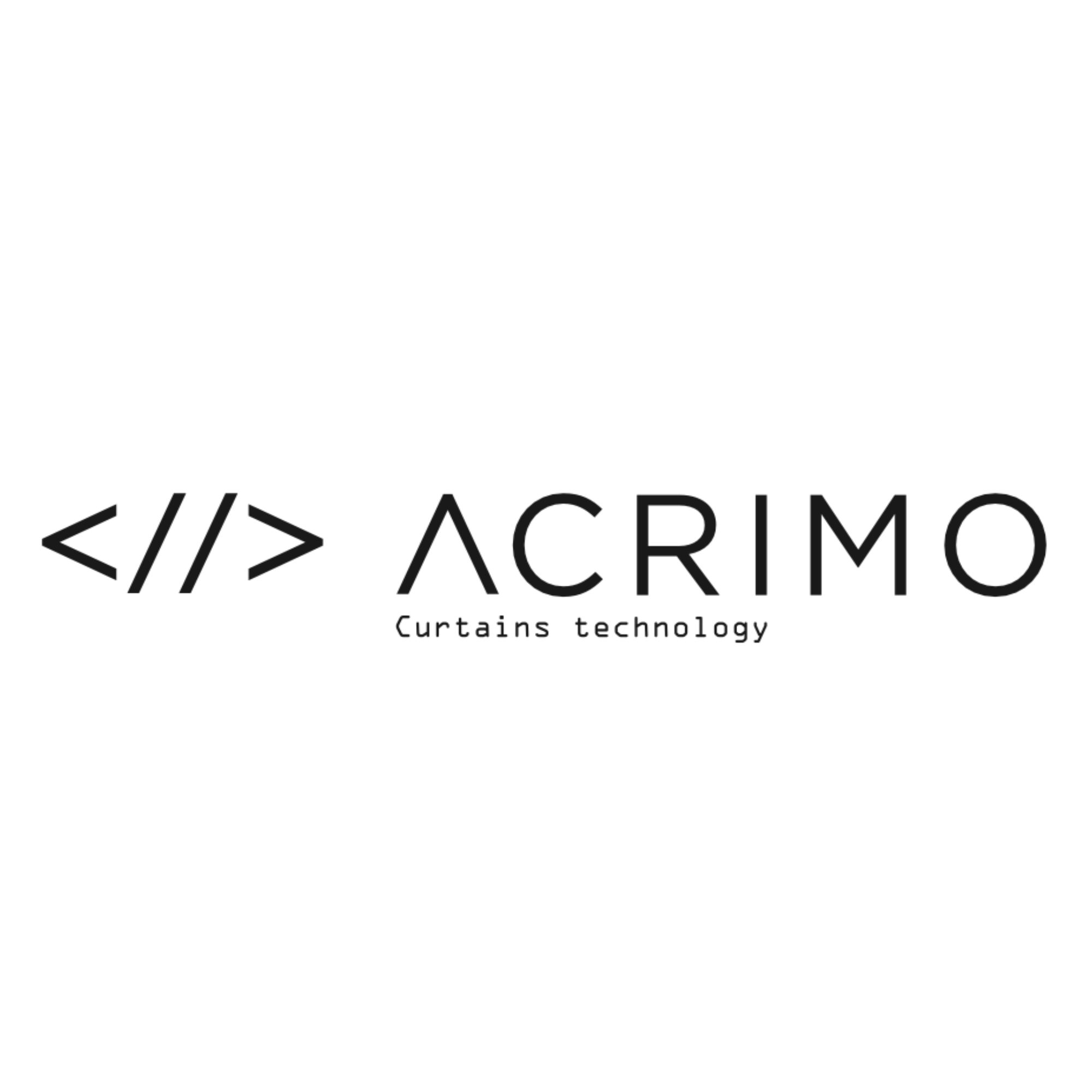 Logo mit Code-Klammern, dem Wort ACRIMO und darunter 'Curtains technology'. Alles in Schwarz auf Weiß.