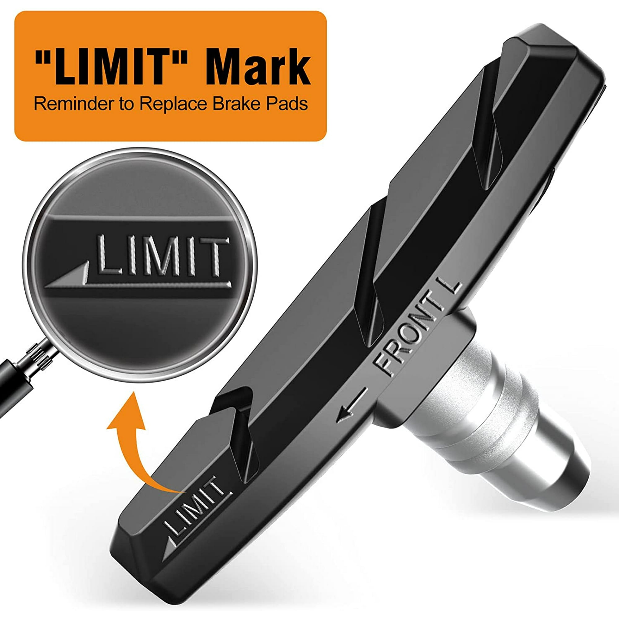 Ein Fahrradbremsbelag mit "LIMIT"-Markierung. Erinnerung zum Austausch der Bremsbeläge. Vergrößerte Ansicht des Wortes "LIMIT".