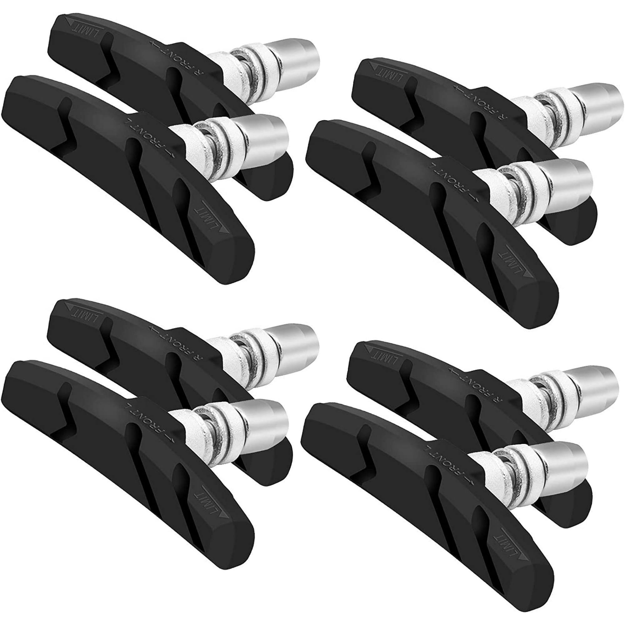 Das Bild zeigt acht schwarze Fahrradbremsbeläge. Sie haben silberne Metallteile und sind mit 'LIMIT' und 'FRONT' beschriftet.
