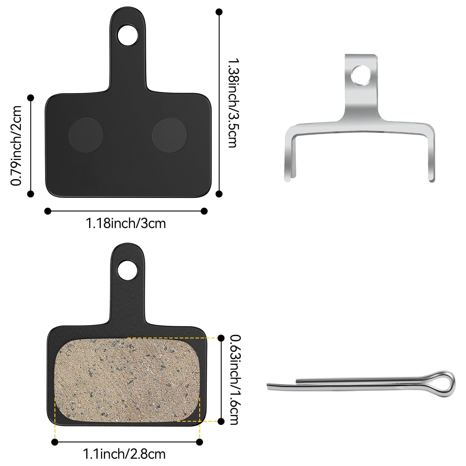 Das Bild zeigt Fahrradbremsbeläge, einen Halteclip und eine Metallhalterung. Die Abmessungen sind in Zoll und Zentimetern angegeben.
