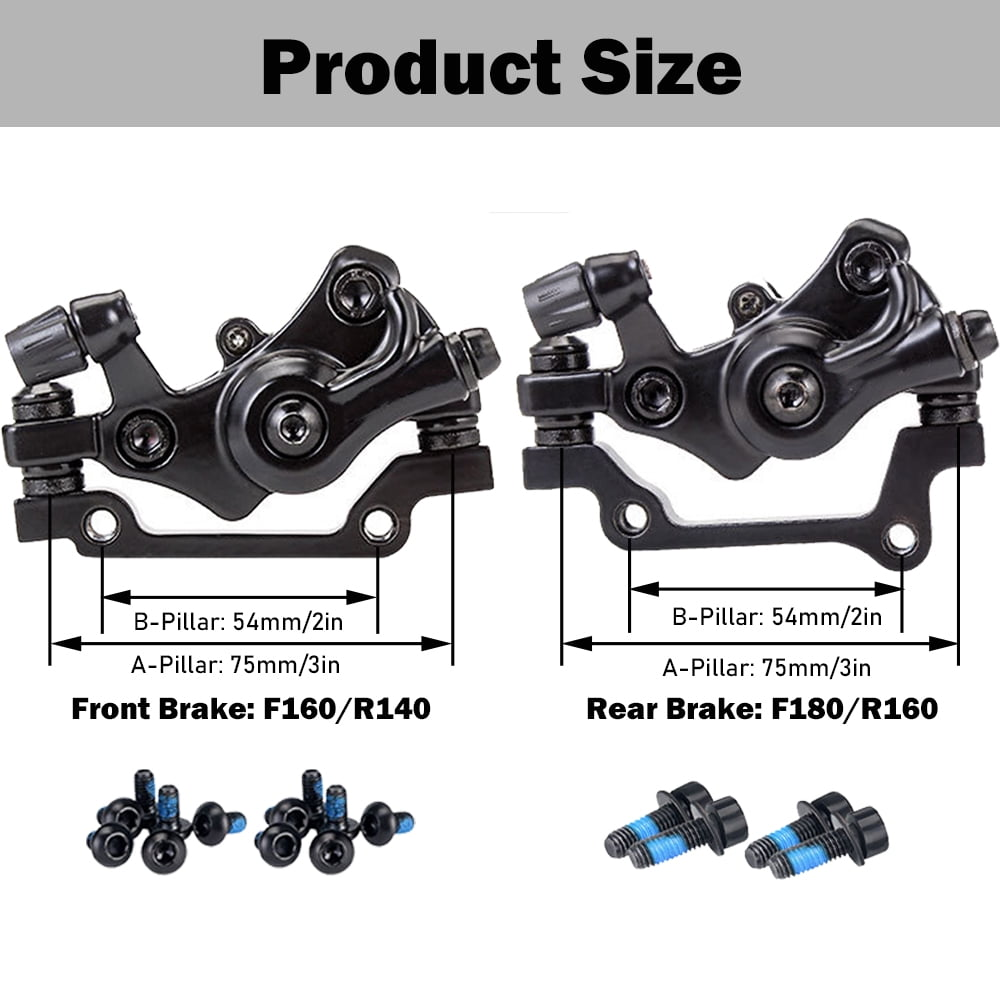 Das Bild zeigt zwei Fahrradbremssättel mit Maßen und Beschriftungen. Vordere Bremsspezifikationen: F160/R140. Hintere Bremsspezifikationen: F180/R160. Einschließlich Schrauben.