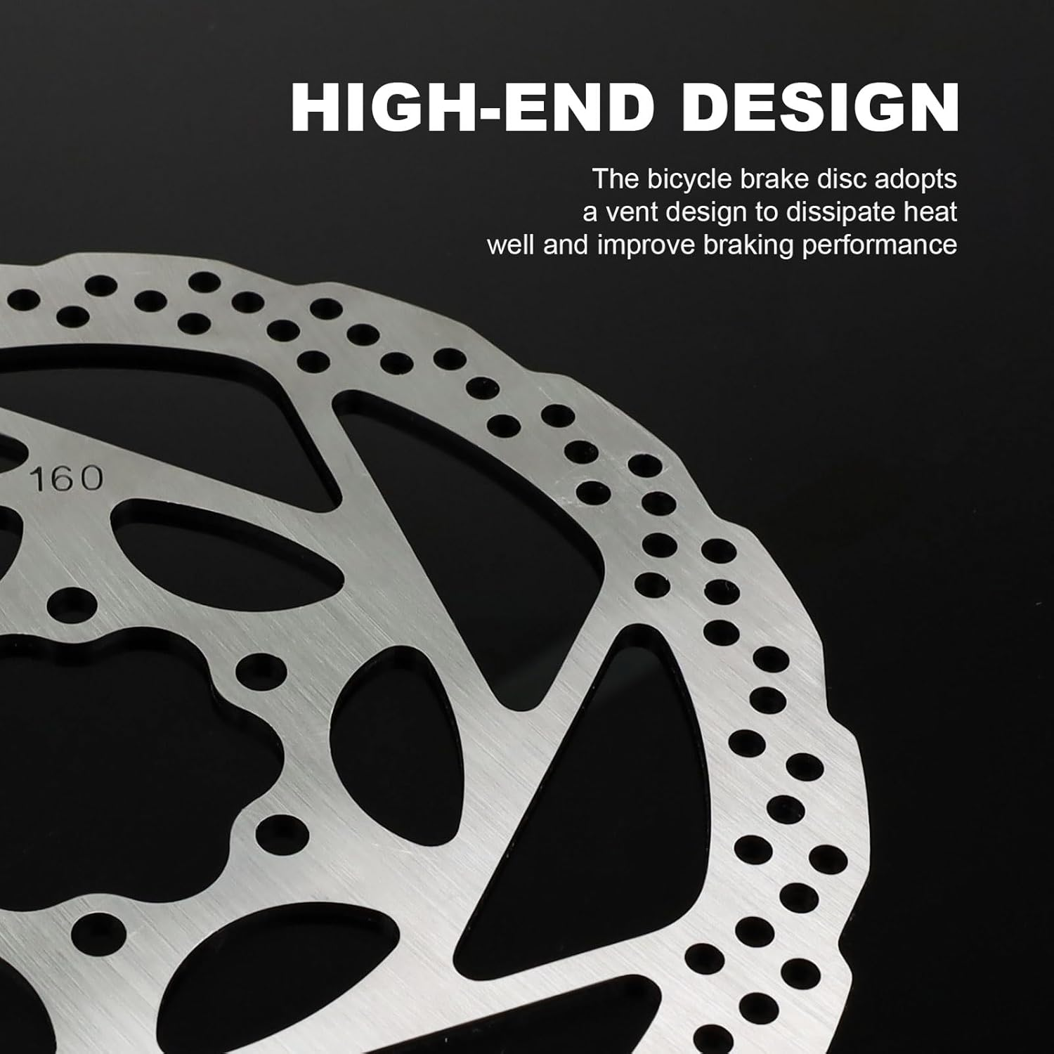 Nahaufnahme einer Fahrradbremsscheibe mit Löchern und der Zahl 160. Text sagt 'HIGH-END DESIGN'. Schwarzer Hintergrund.