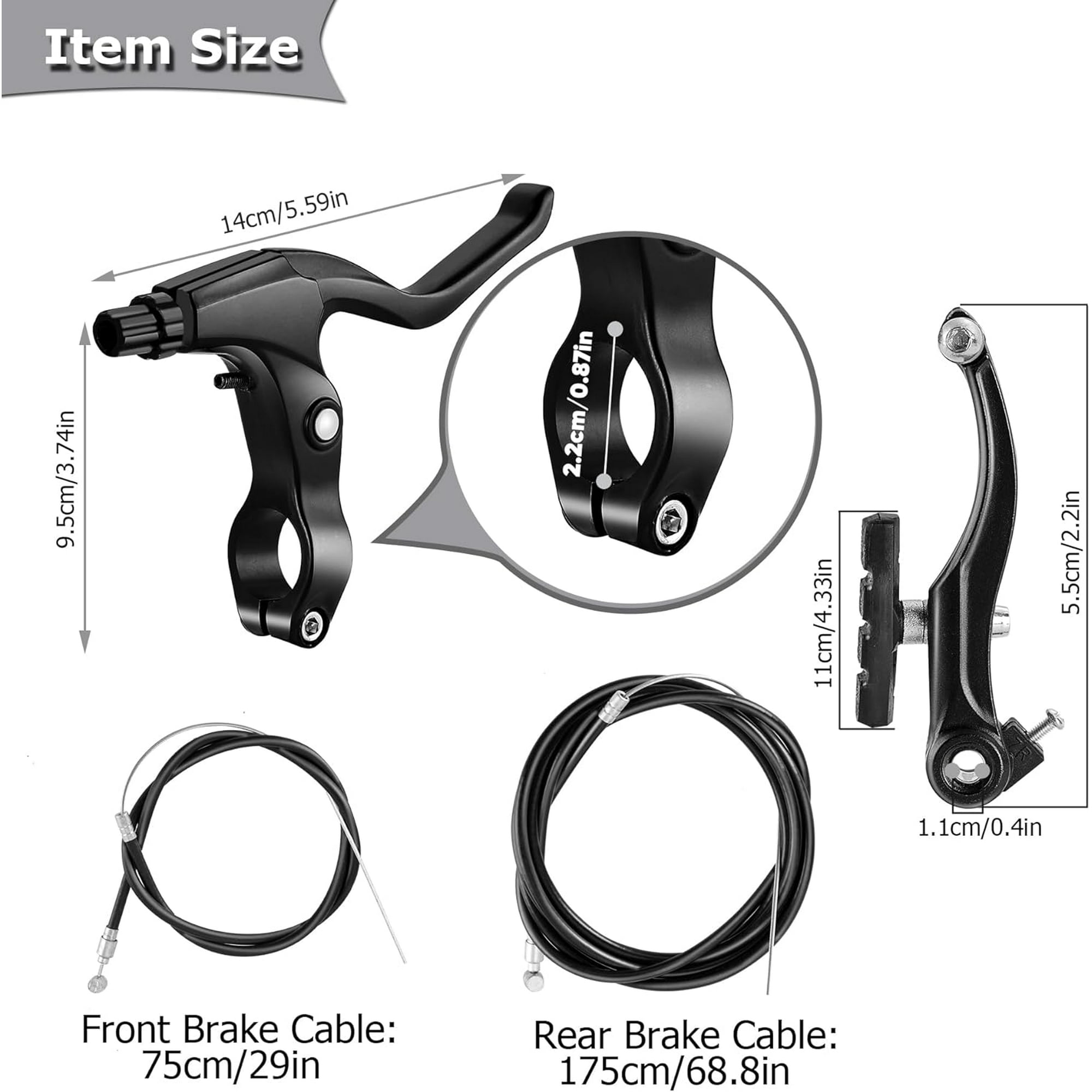 Das Bild zeigt Fahrradbremsteile mit Maßen. Enthält Bremshebel, Kabel und Bremssättel mit Größenangaben in cm und Zoll.