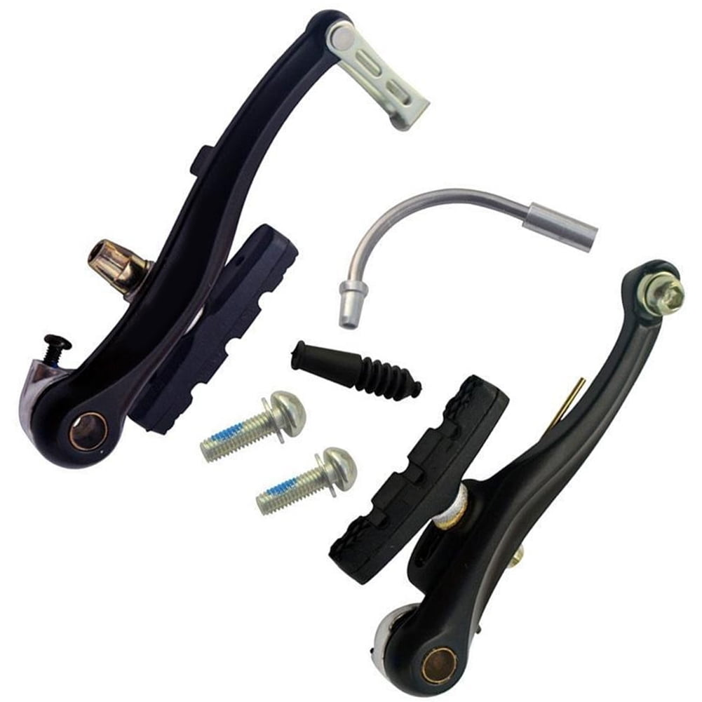 Fahrradbremsteile, isoliert auf Weiß. Enthält Bremsarme, Beläge, Schrauben, ein Kabel und eine Gummitülle.