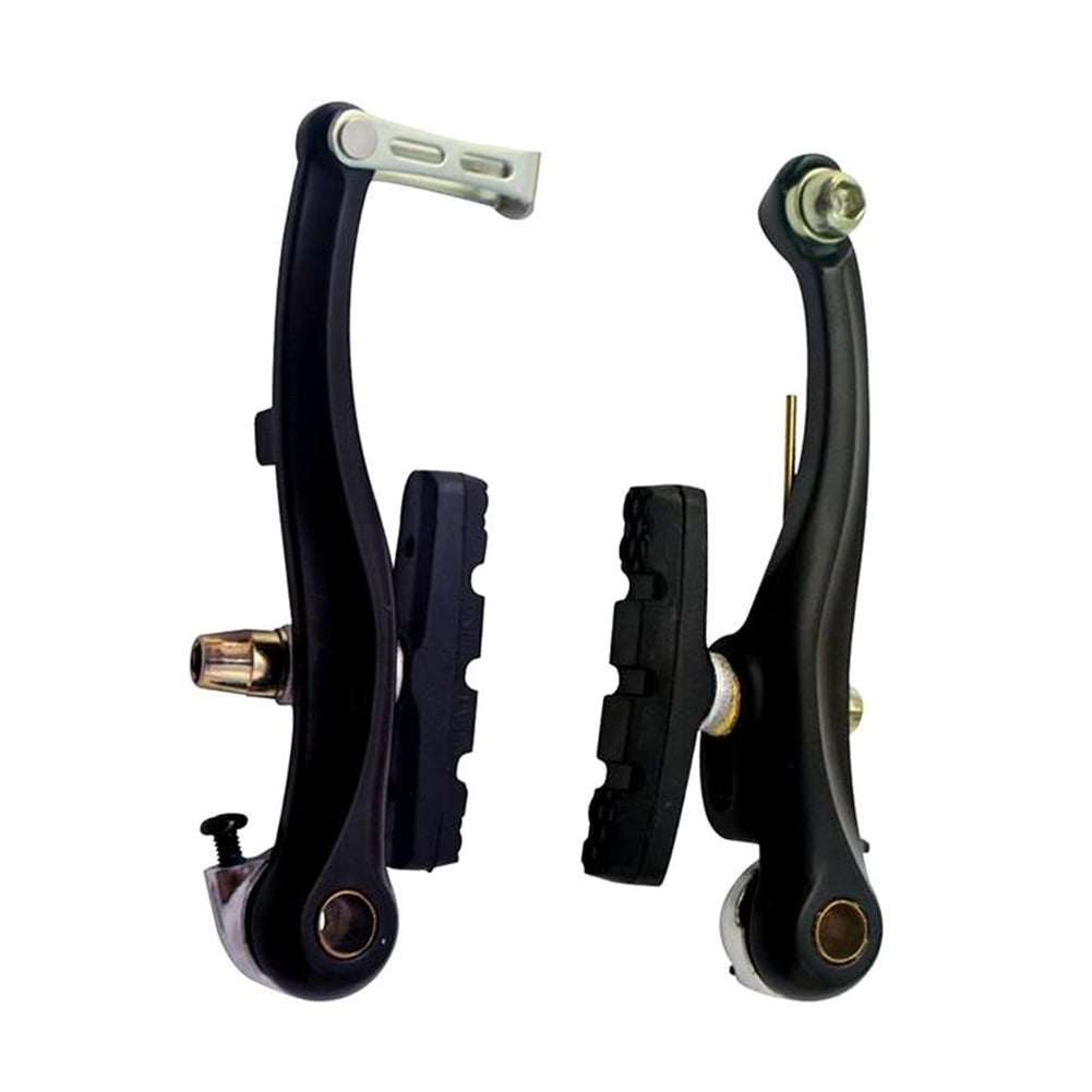 Zwei schwarze Fahrradbremsarme mit schwarzen Bremsbelägen auf weißem Hintergrund. Die Arme sind gebogen und haben silberne und goldene Details.