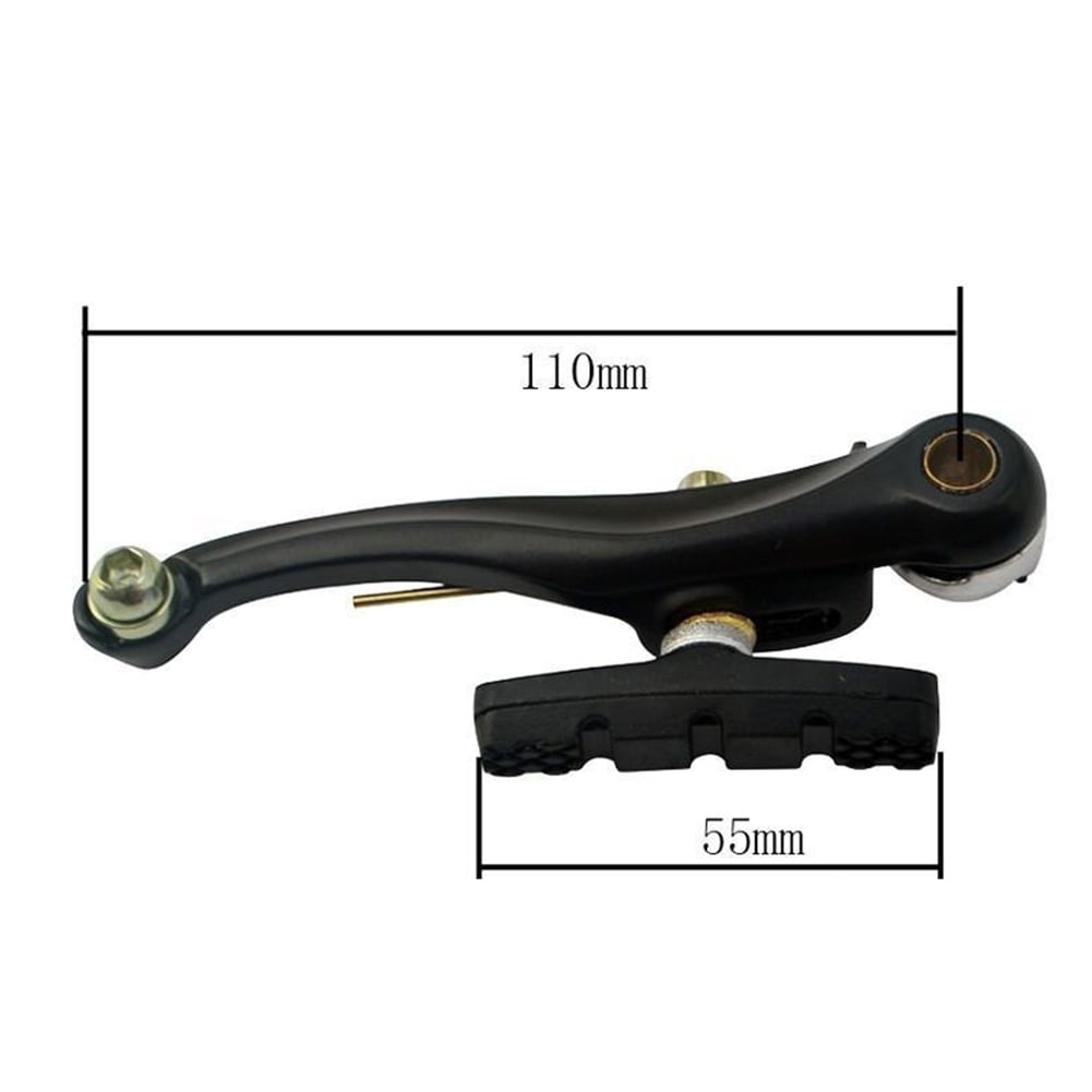 Schwarze Fahrradbremse mit Maßen: 110 mm lang, 55 mm Bremsbelag. Schrauben und ein goldfarbener Stift sind sichtbar.