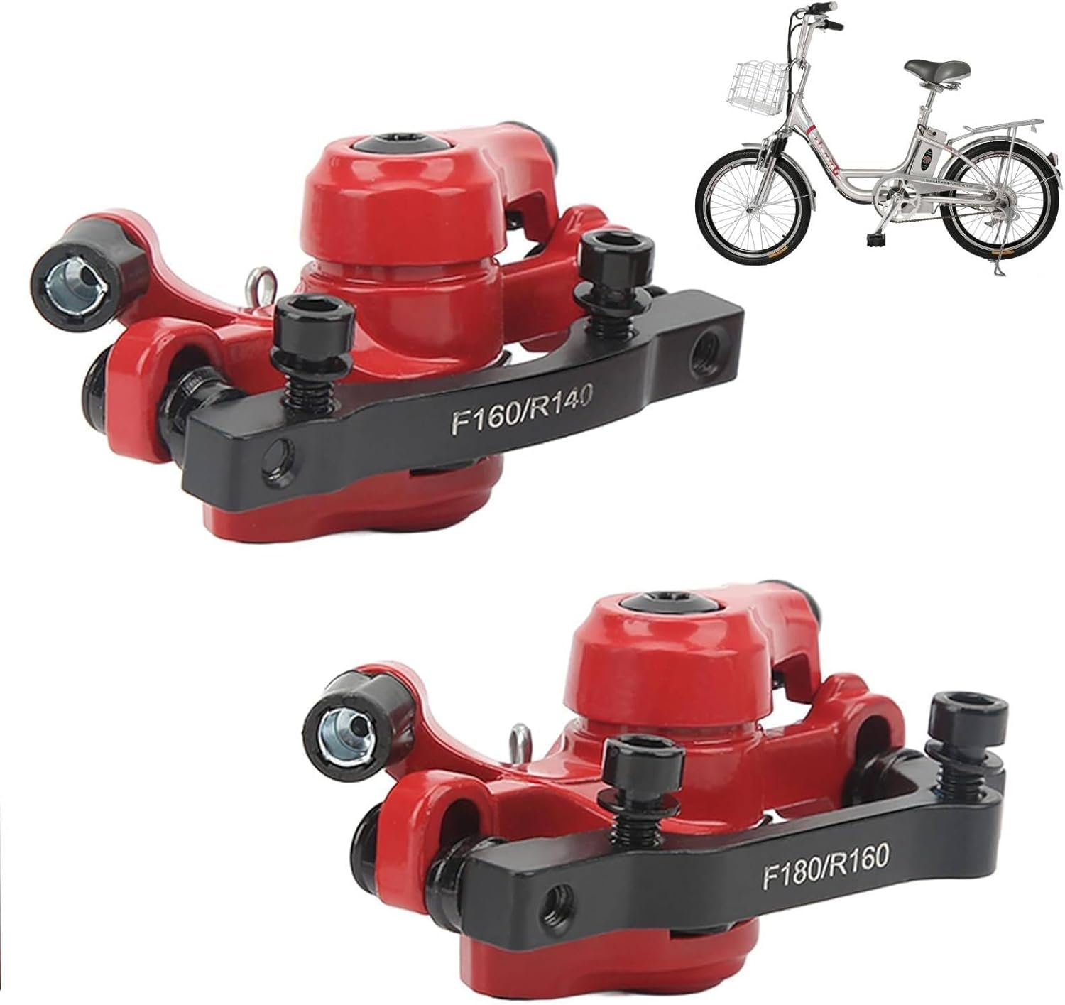 Gezeigt werden rote Fahrradscheibenbremsen und ein silbernes Fahrrad. Eine Bremse ist mit F160/R140 beschriftet, die andere mit F180/R160.
